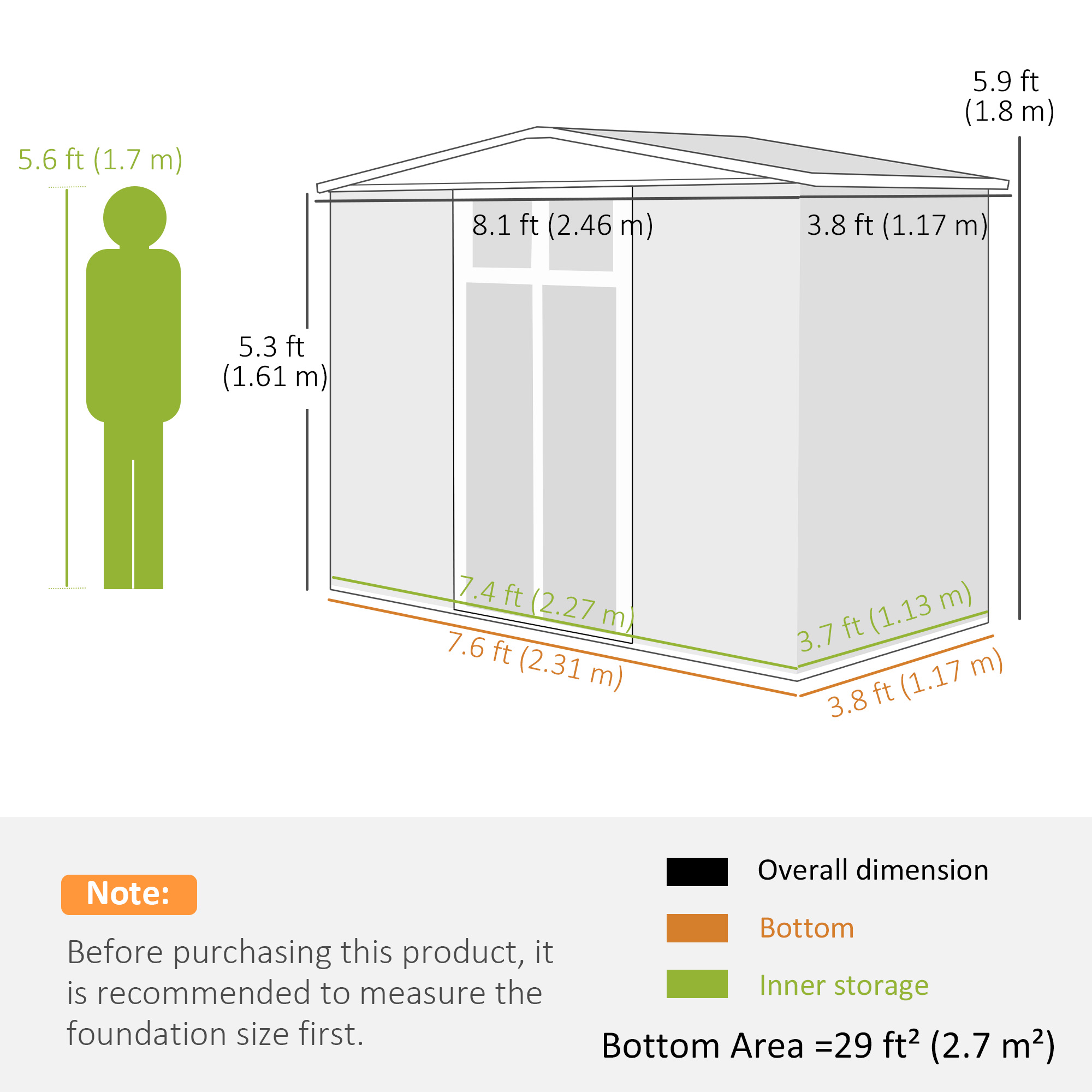 Diagramma che mostra le dimensioni di un capannone e una figura umana.