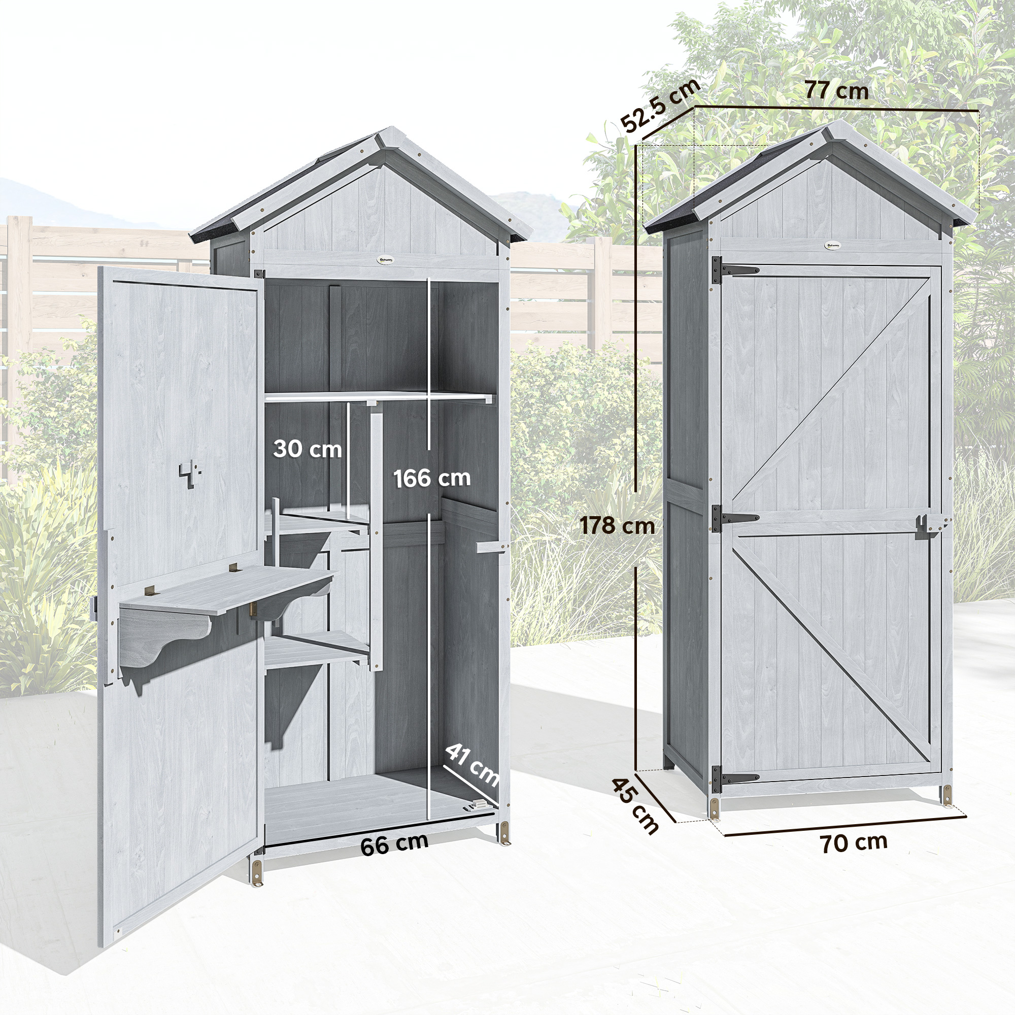 Espositore armadio in legno grigio con misure. Porta aperta mostra mensole e barra.