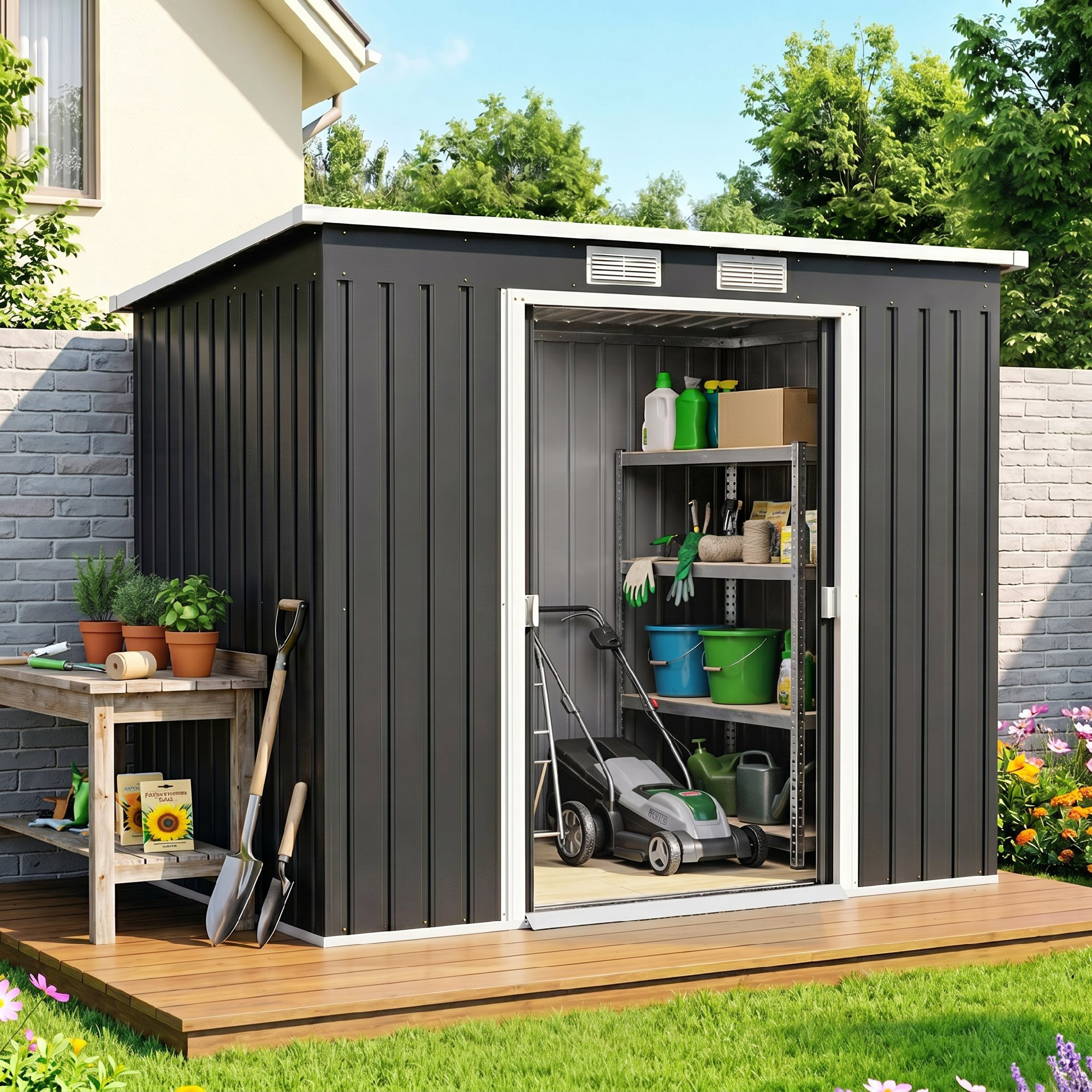 Capanno da giardino grigio scuro con porta aperta, pieno di attrezzi e prodotti per la pulizia.