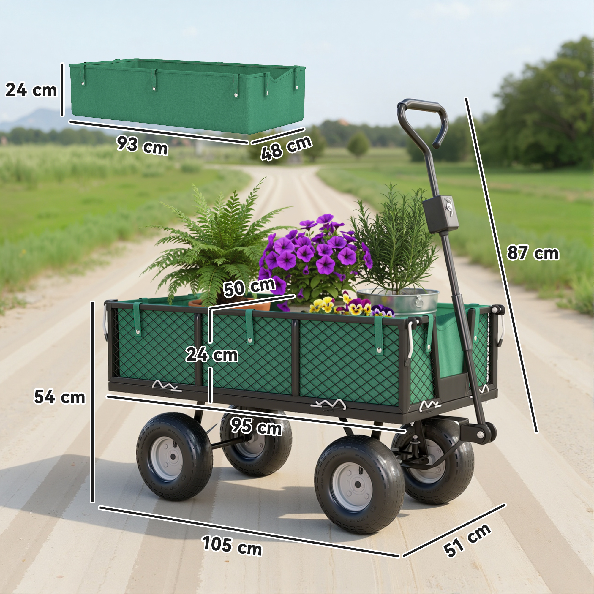 Carrello da giardino verde con piante, dimensioni indicate.