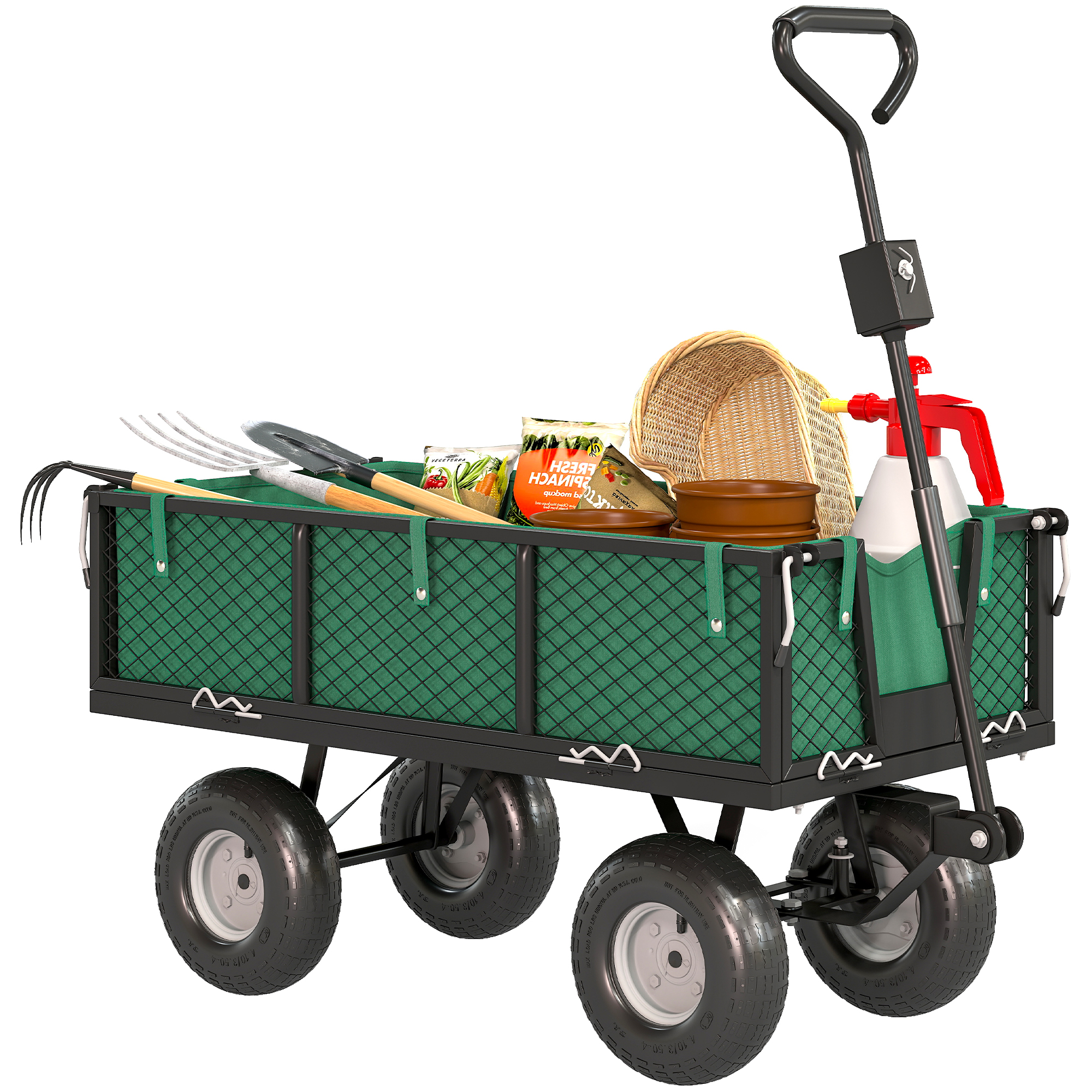 Carrello da giardino verde con attrezzi, piante e spruzzatore.