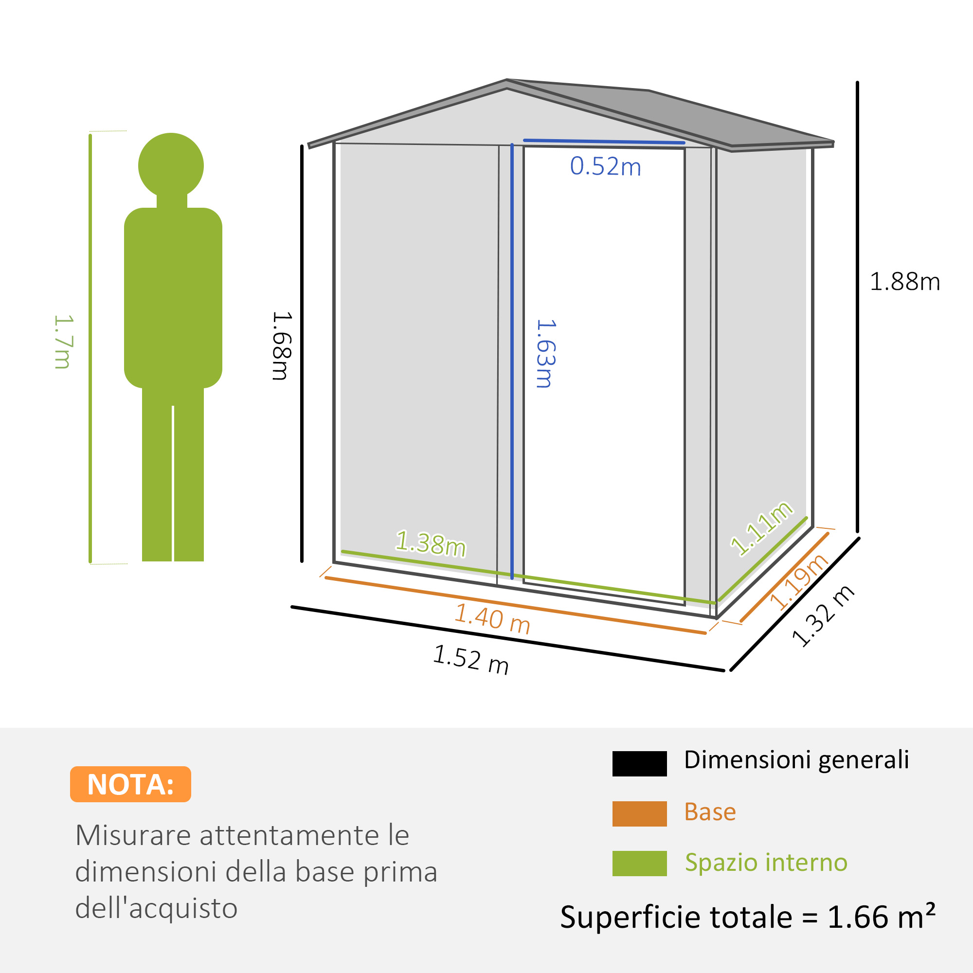 Diagramma di un capanno con dimensioni. Una silhouette umana mostra la scala.