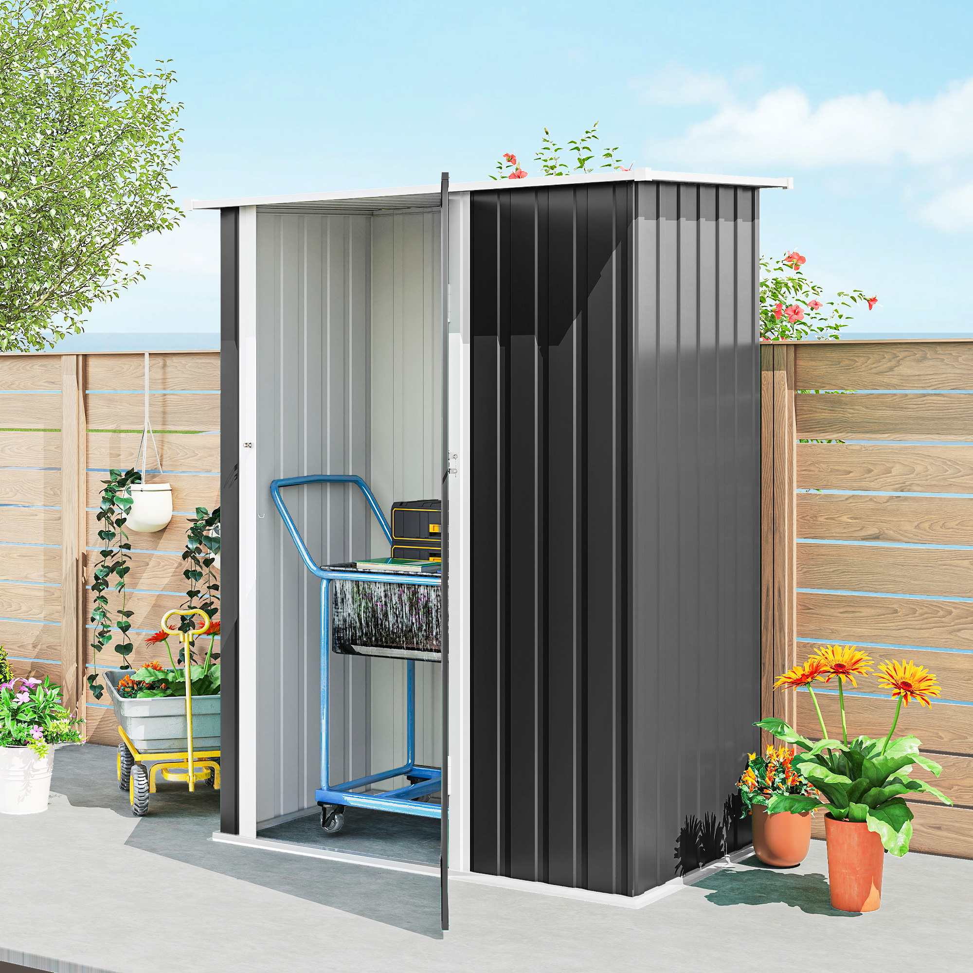 Un capanno da giardino nero stretto con porte aperte, mostra un carrello con una cassetta degli attrezzi all'interno.
