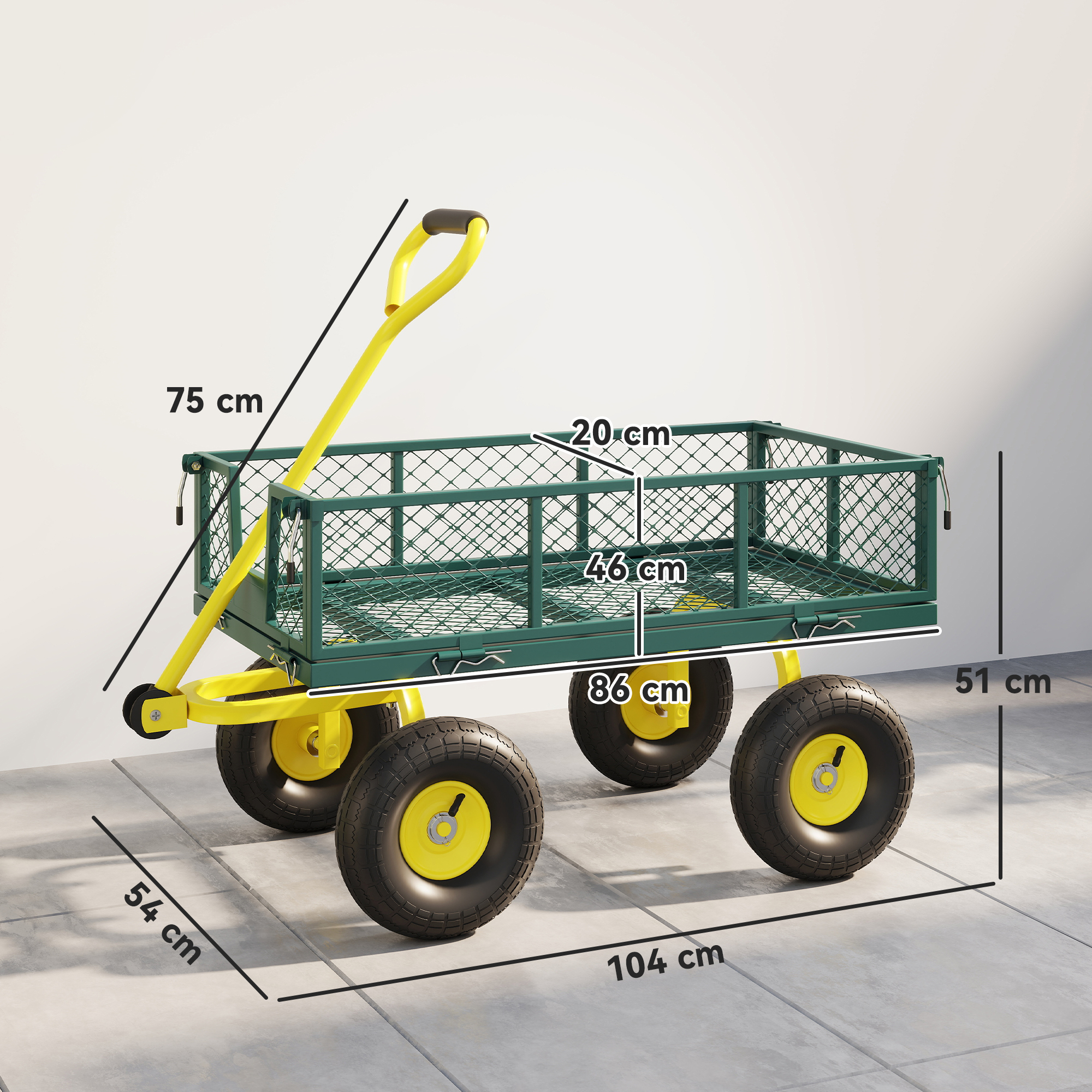 Un carrello da giardino verde con telaio e manico gialli su quattro ruote.