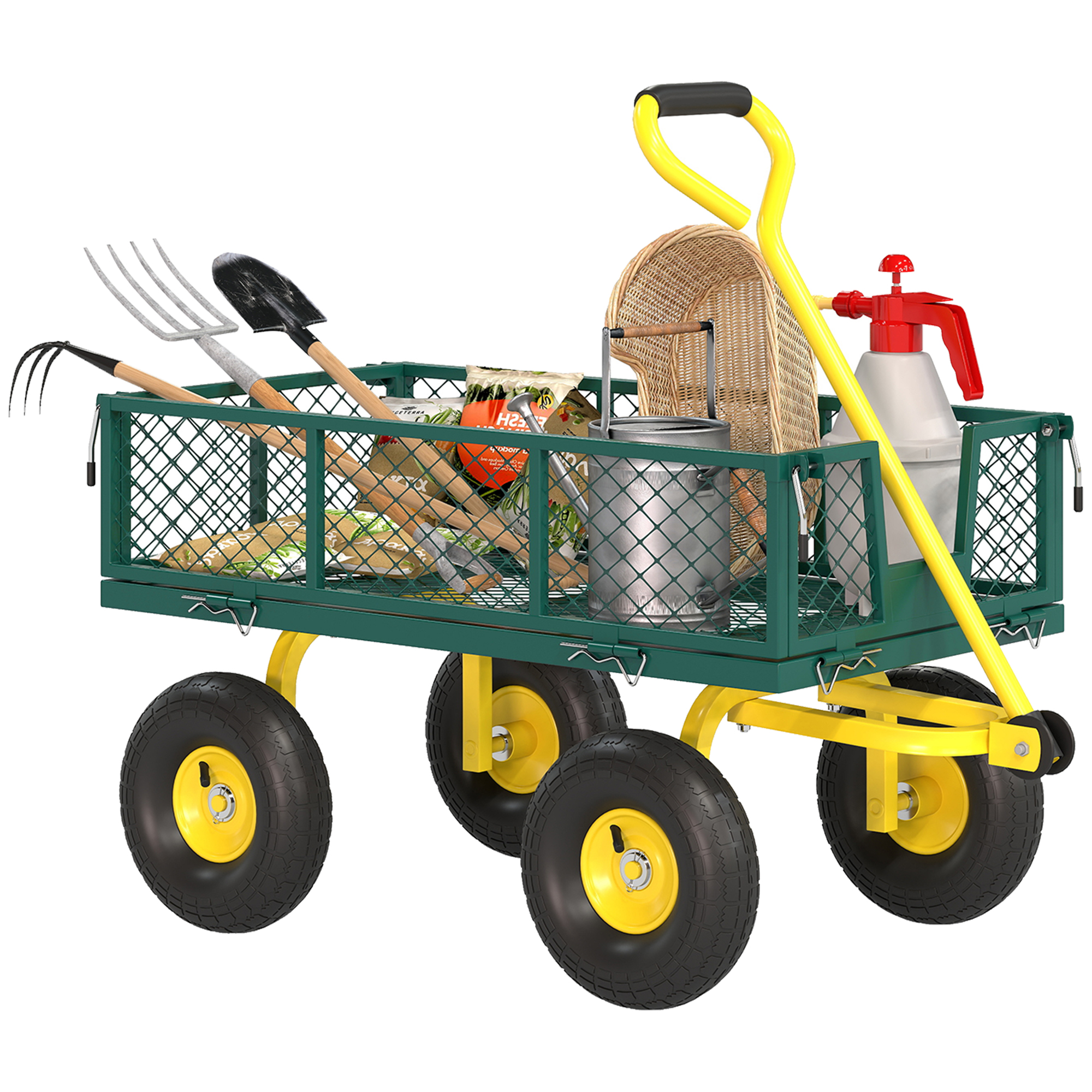 Carrello da giardino verde con attrezzi, annaffiatoio, spruzzatore e seduta intrecciata.