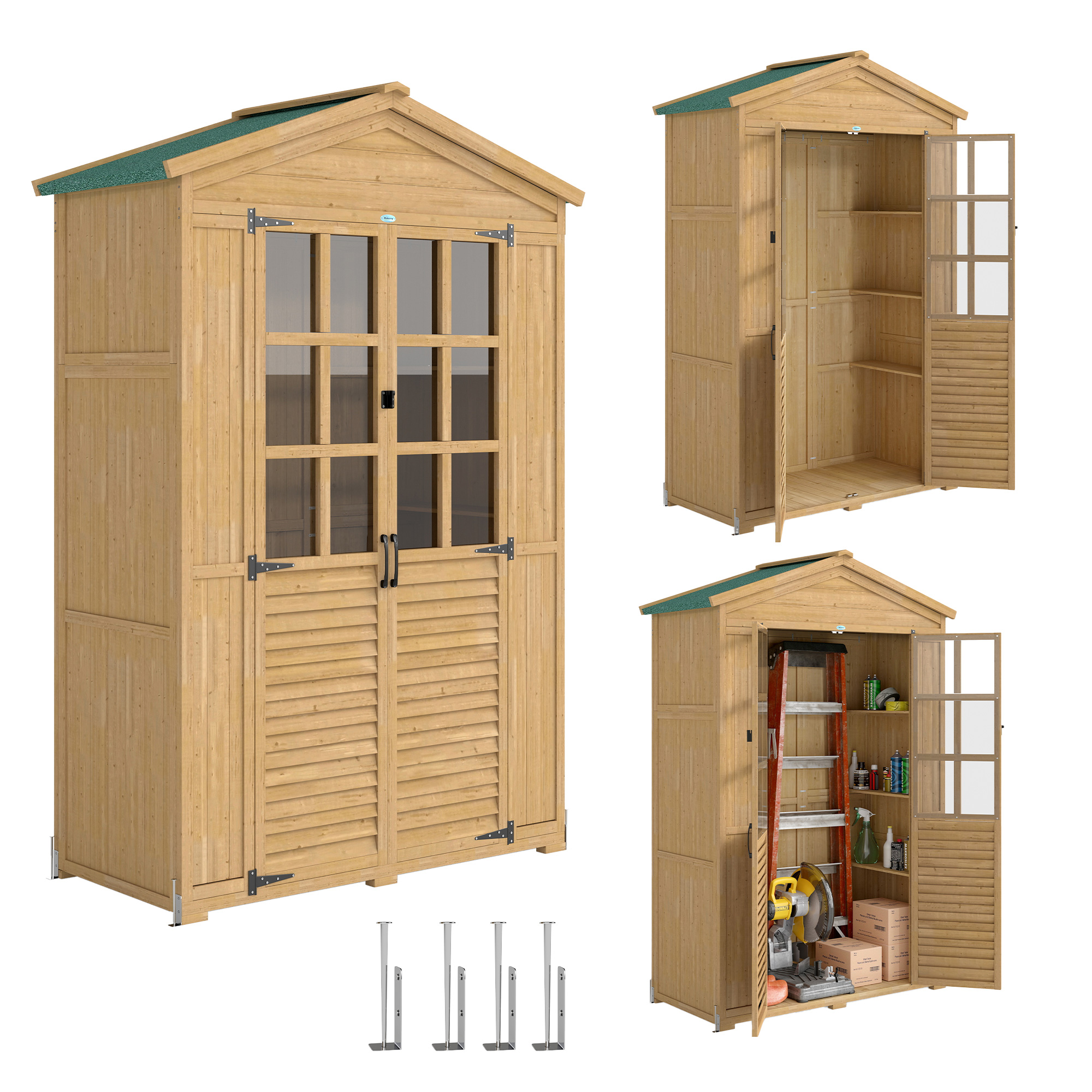 Capanno in legno con finestre, porte e mensole, attrezzi e scatole.