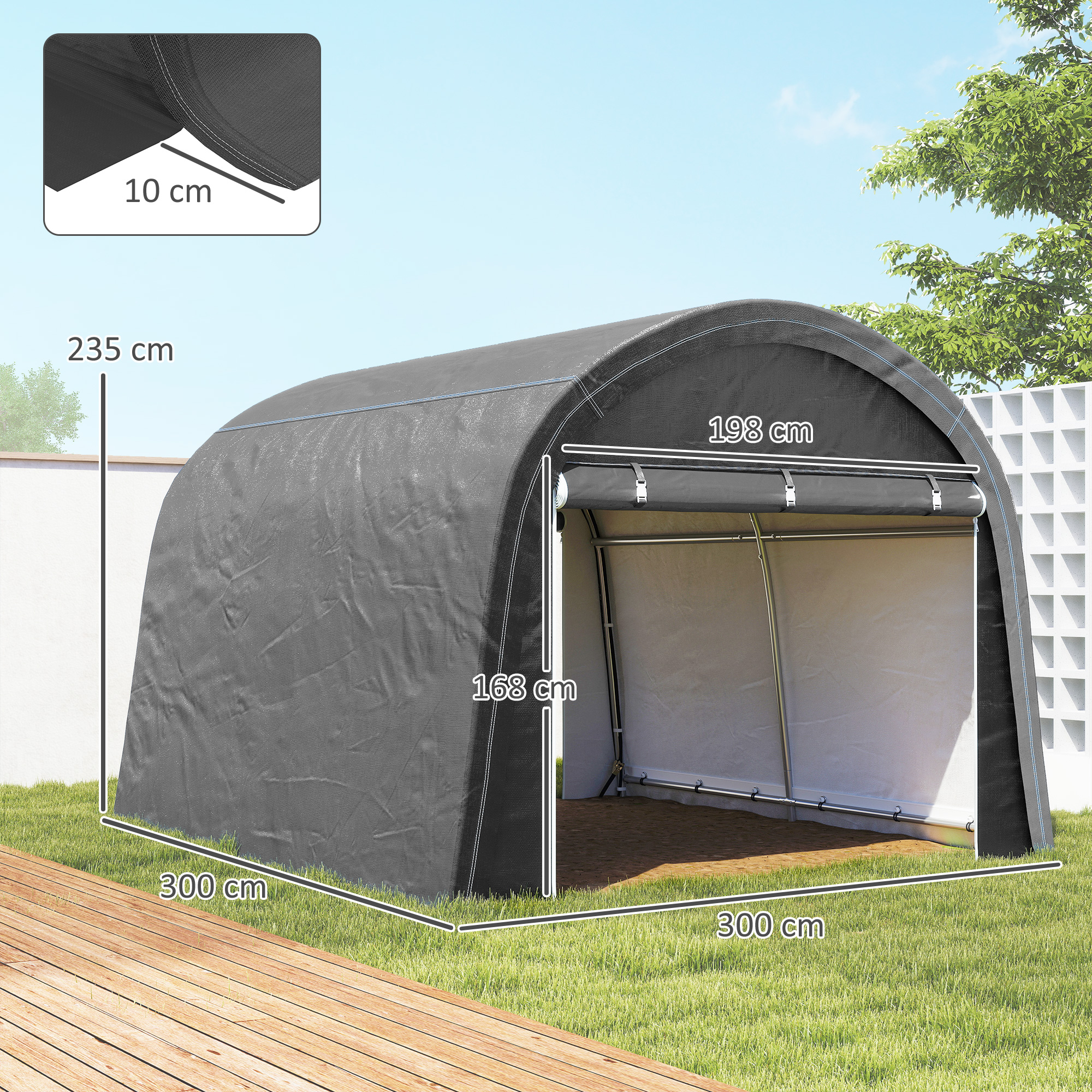 Una tenda grigia con telaio metallico su erba. Dimensioni indicate.