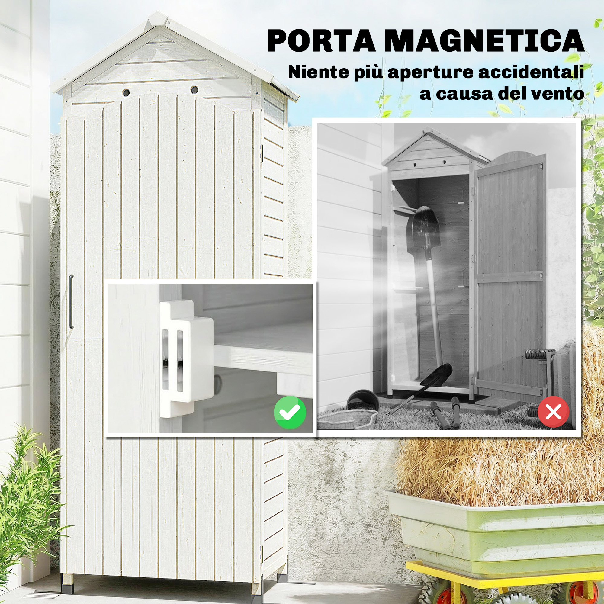 Un capanno di legno bianco con porta aperta, pala all'interno. Dettaglio del fermo magnetico.