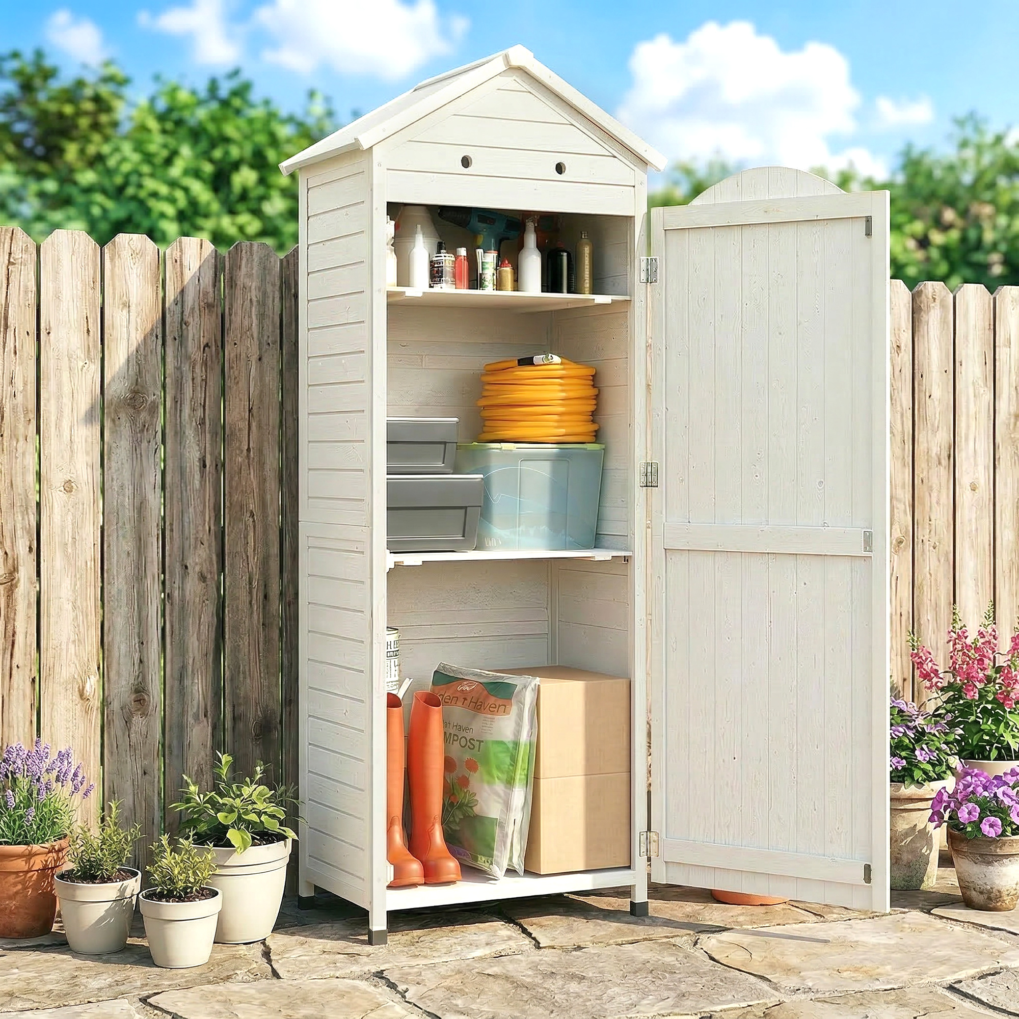 Una casetta da giardino bianca con porte aperte, piena di attrezzi e forniture.