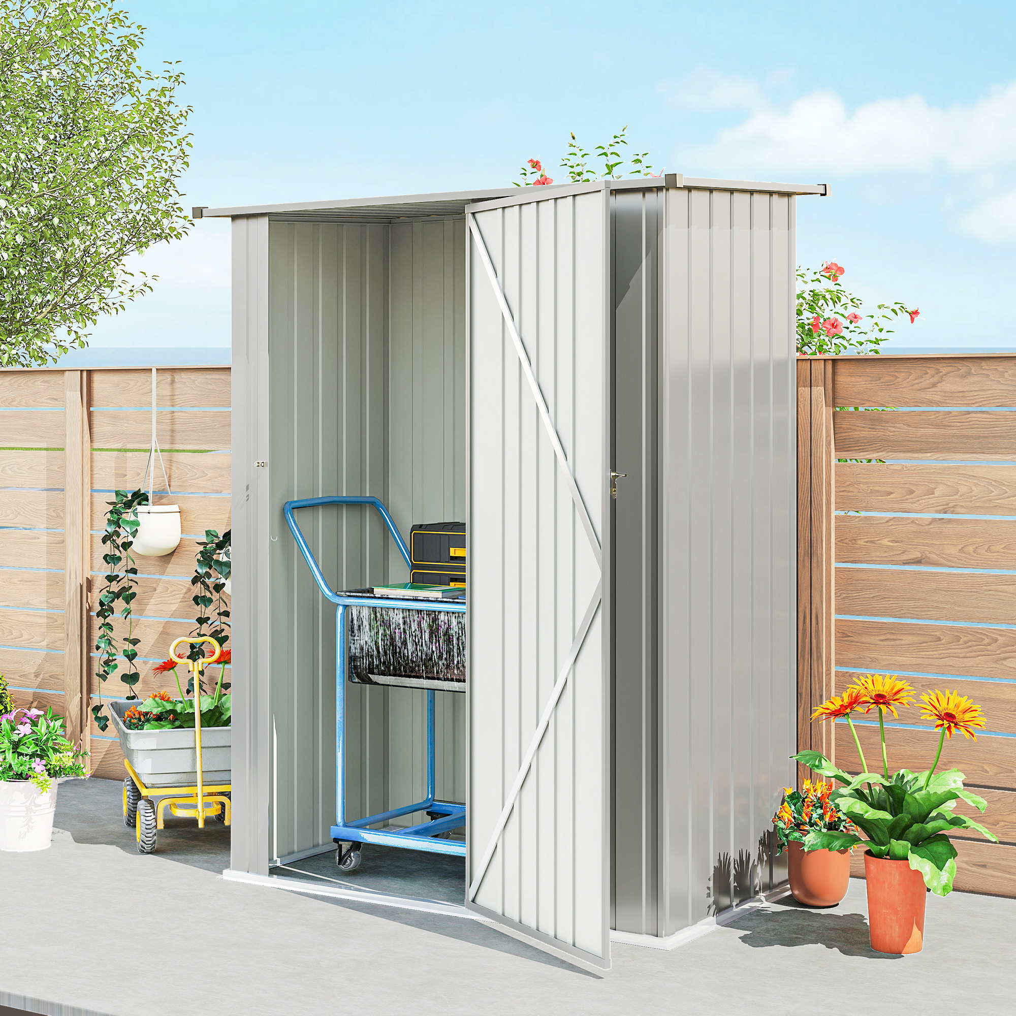 Un capanno da giardino argentato con porte aperte, un carrello con una cassetta degli attrezzi all'interno.