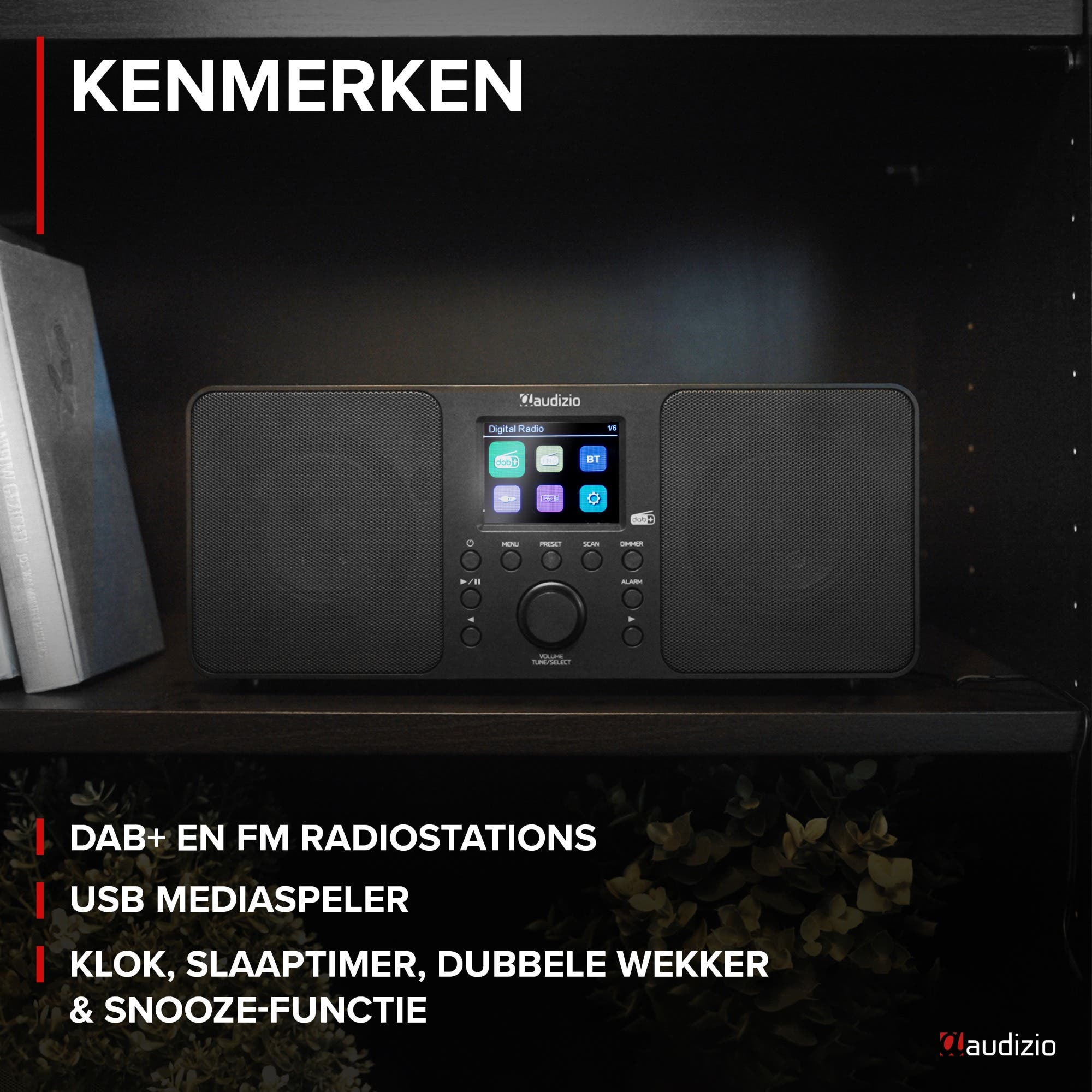 Ein schwarzes Audizio Digitalradio mit Bildschirm, Tasten und Lautsprechern.
