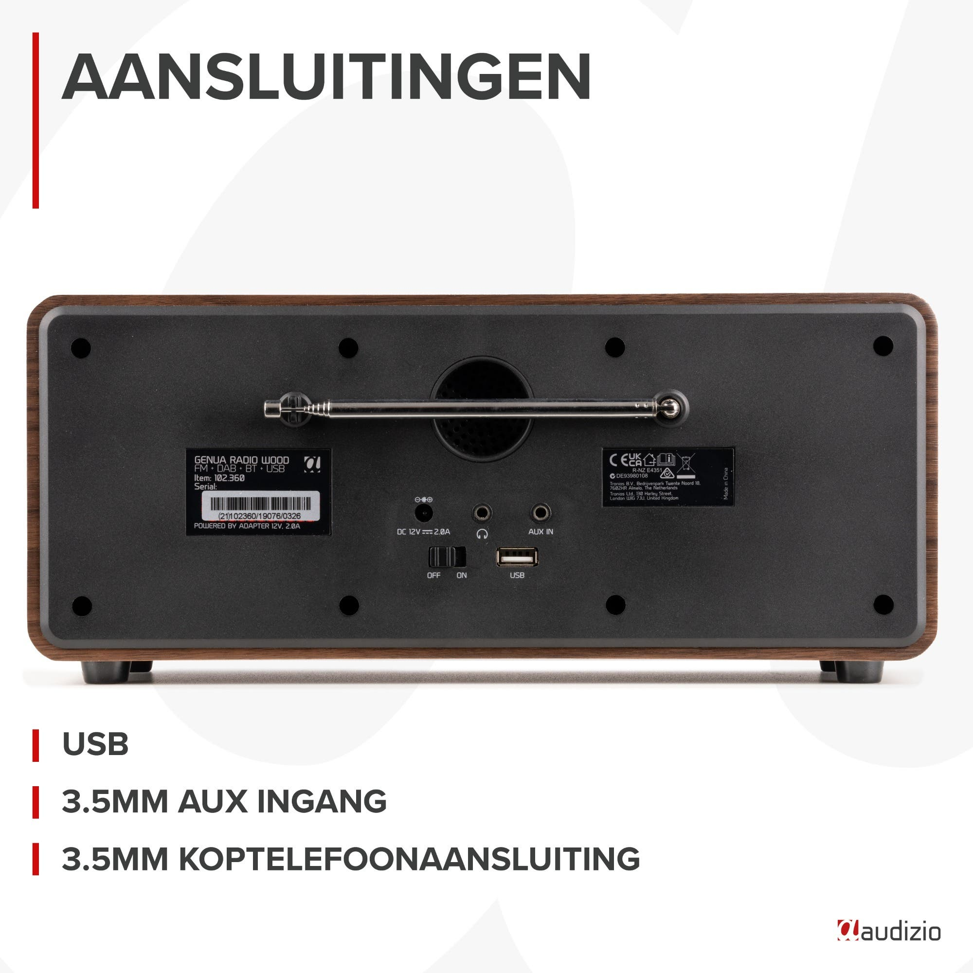Rückseite eines Holzradios mit Anschlüssen: USB, AUX IN, Kopfhöreranschluss.