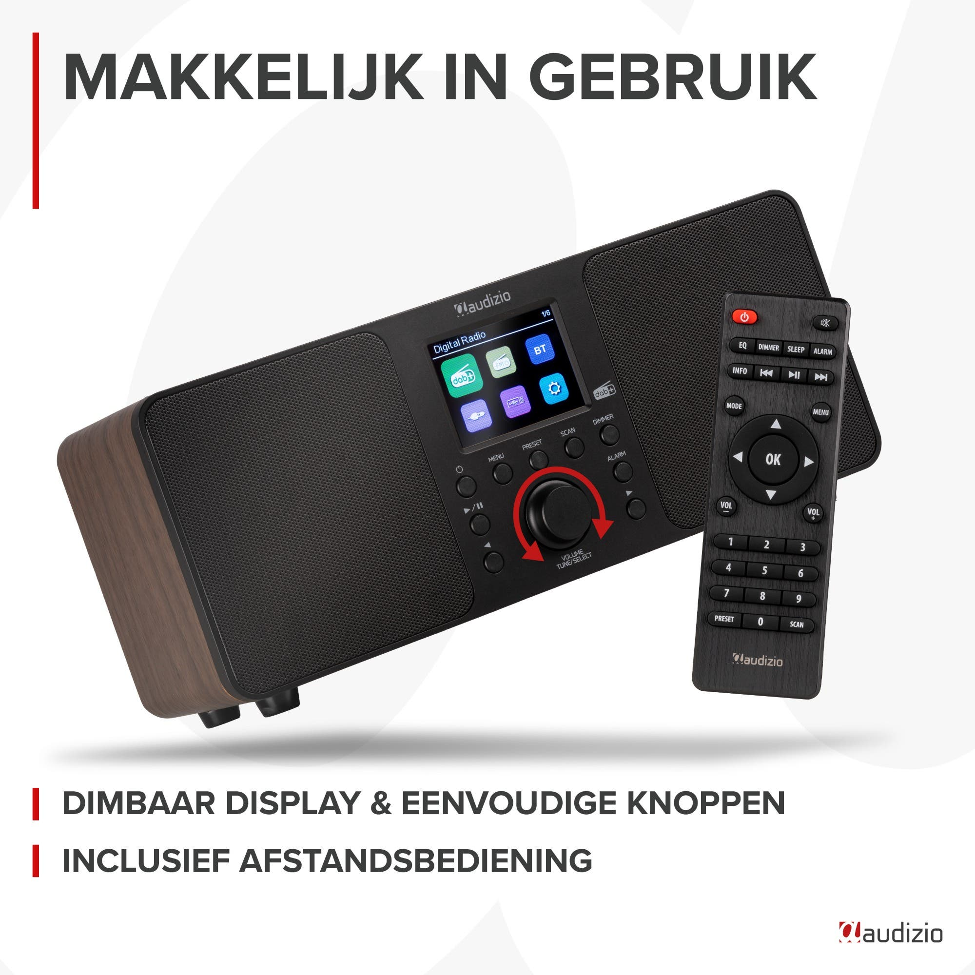 Ein Digitalradio mit Fernbedienung, Display und Drehregler.