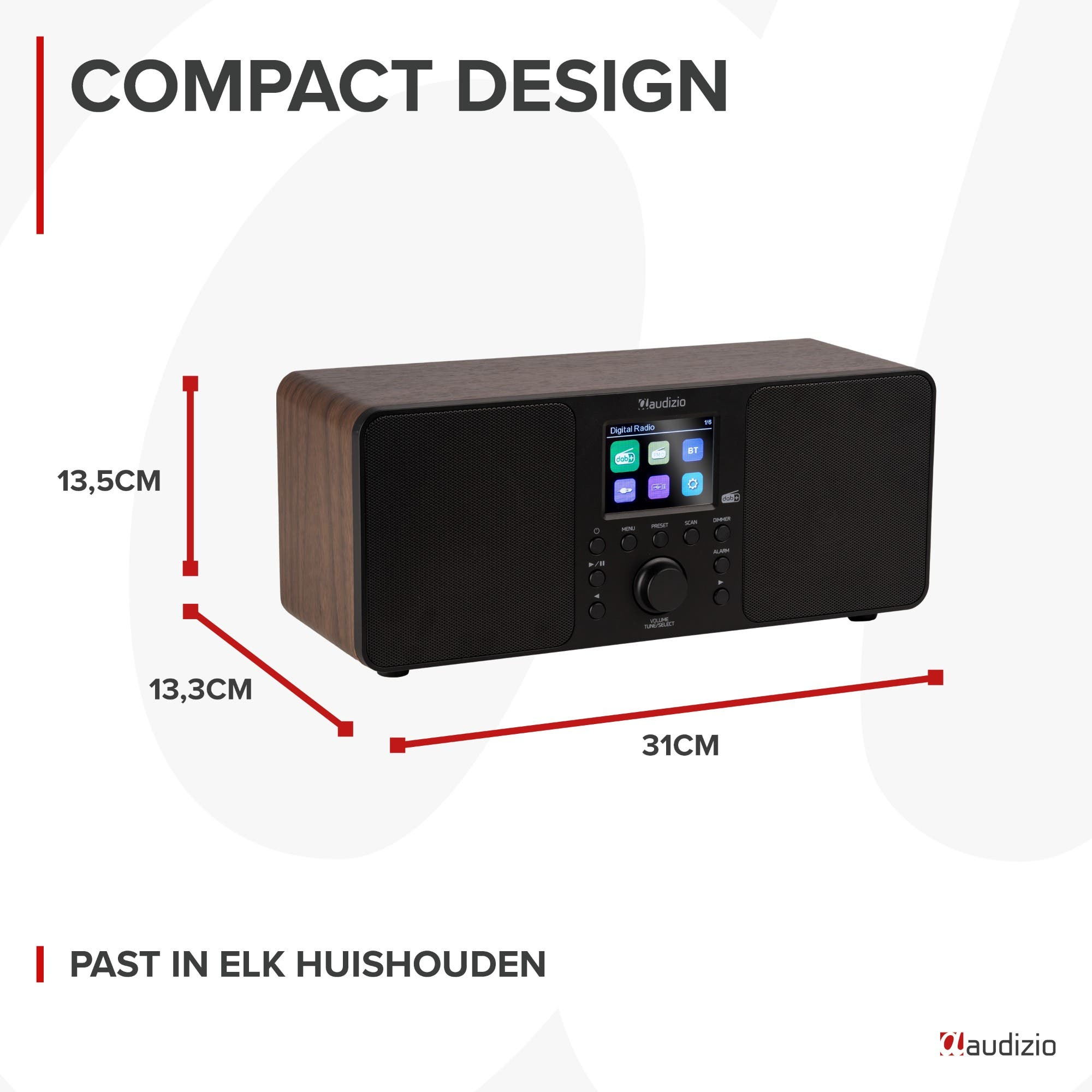 Kompaktes Holzradio mit digitalen Anzeigen und Maßen 13,5x13,3x31cm.