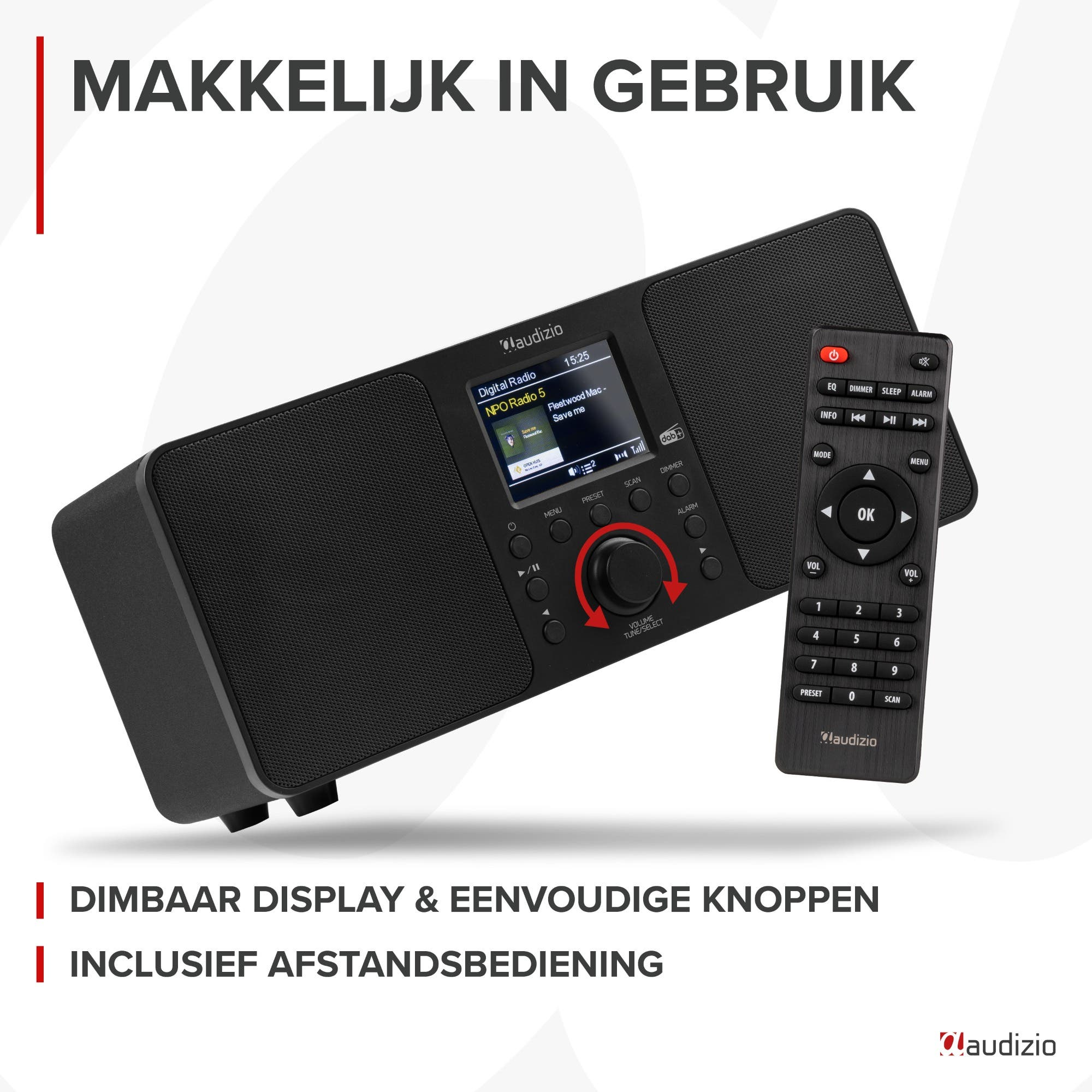 Ein schwarzes Audizio Digitalradio mit Fernbedienung. Der Bildschirm zeigt Radiosender an.