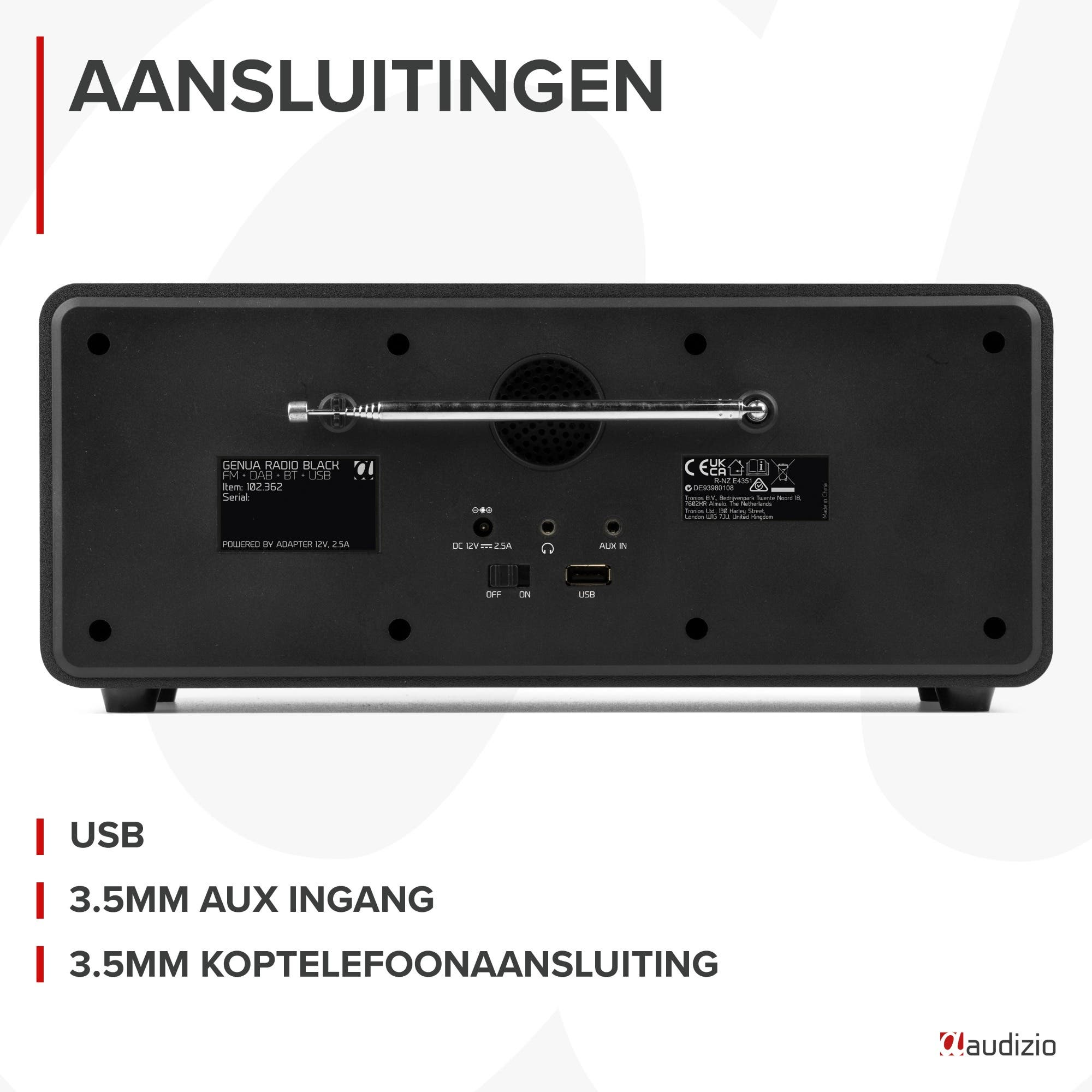 Rückseite eines schwarzen Radios mit Anschlüssen: USB, Aux In, Netzteil.