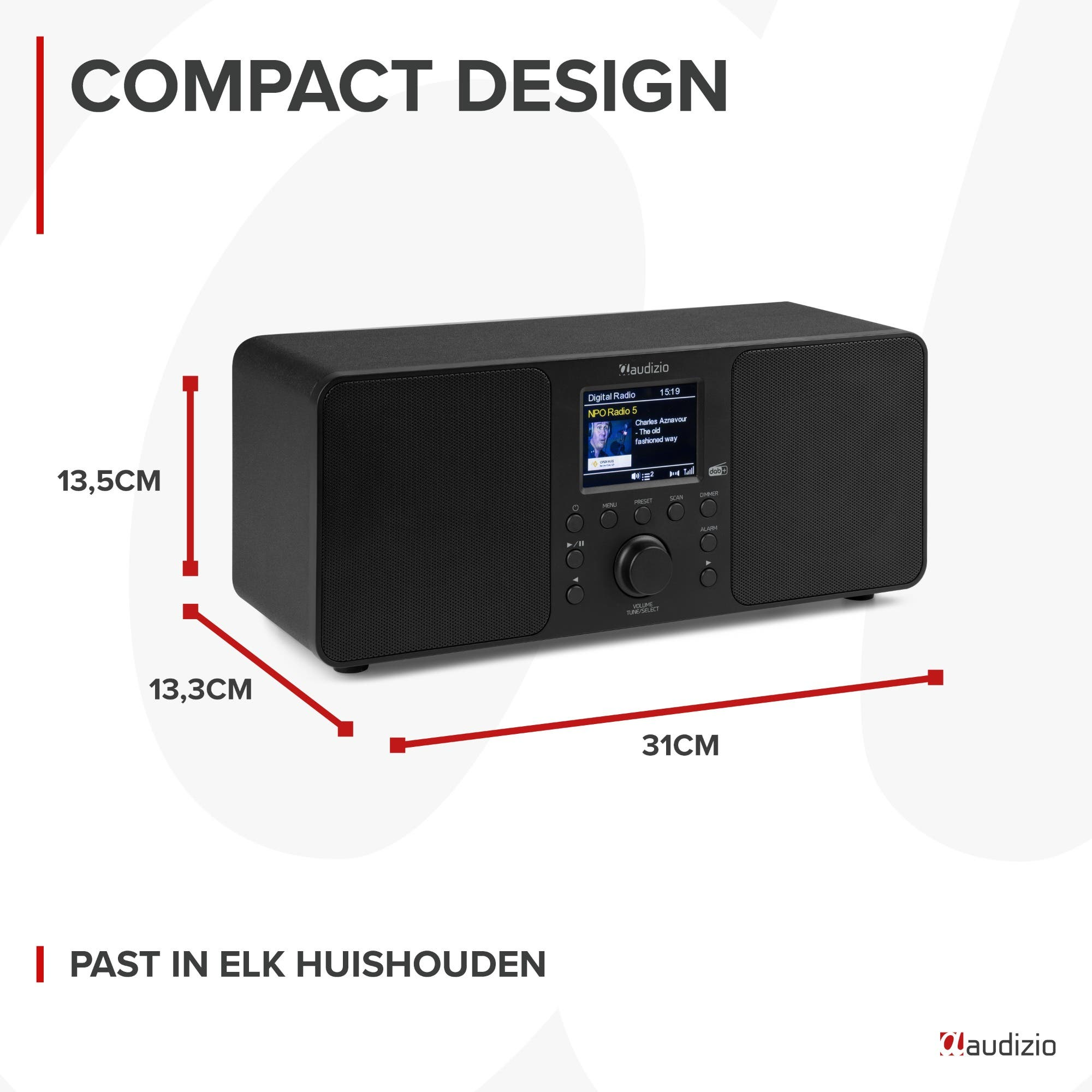 Schwarzes Audizio Digitalradio mit Display, Maßen 31x13,5x13,3cm.