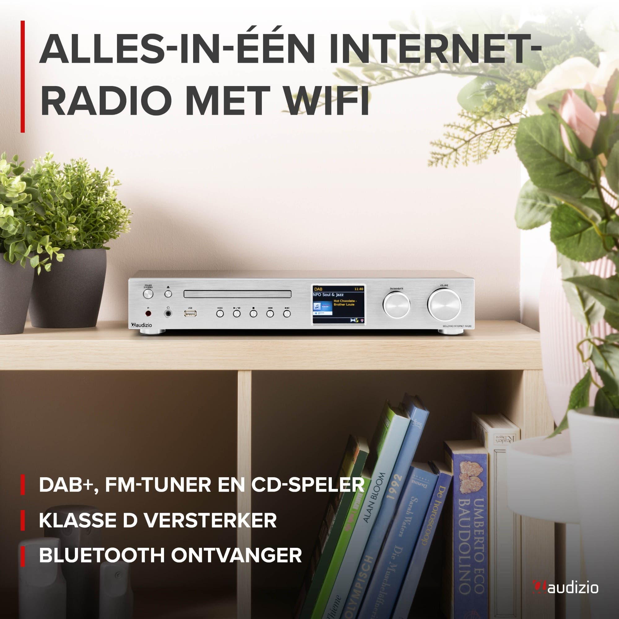 Une radio Internet argentée avec lecteur CD, tuner DAB+/FM et Bluetooth.