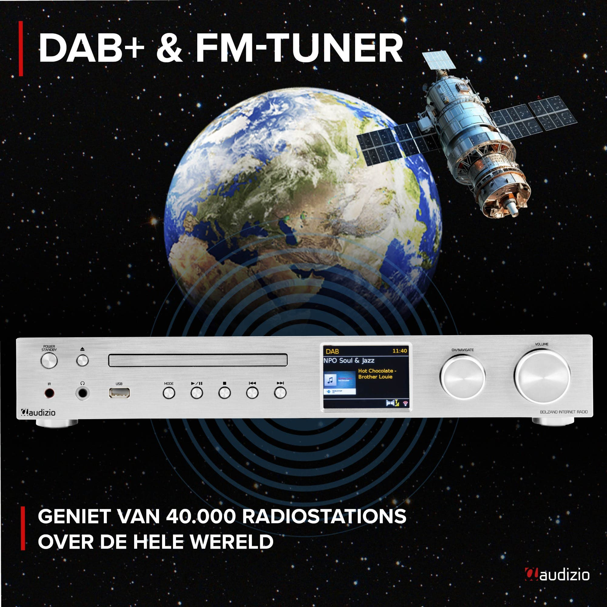Une radio avec la Terre et un satellite dans l'espace. L'écran affiche le titre de la chanson.