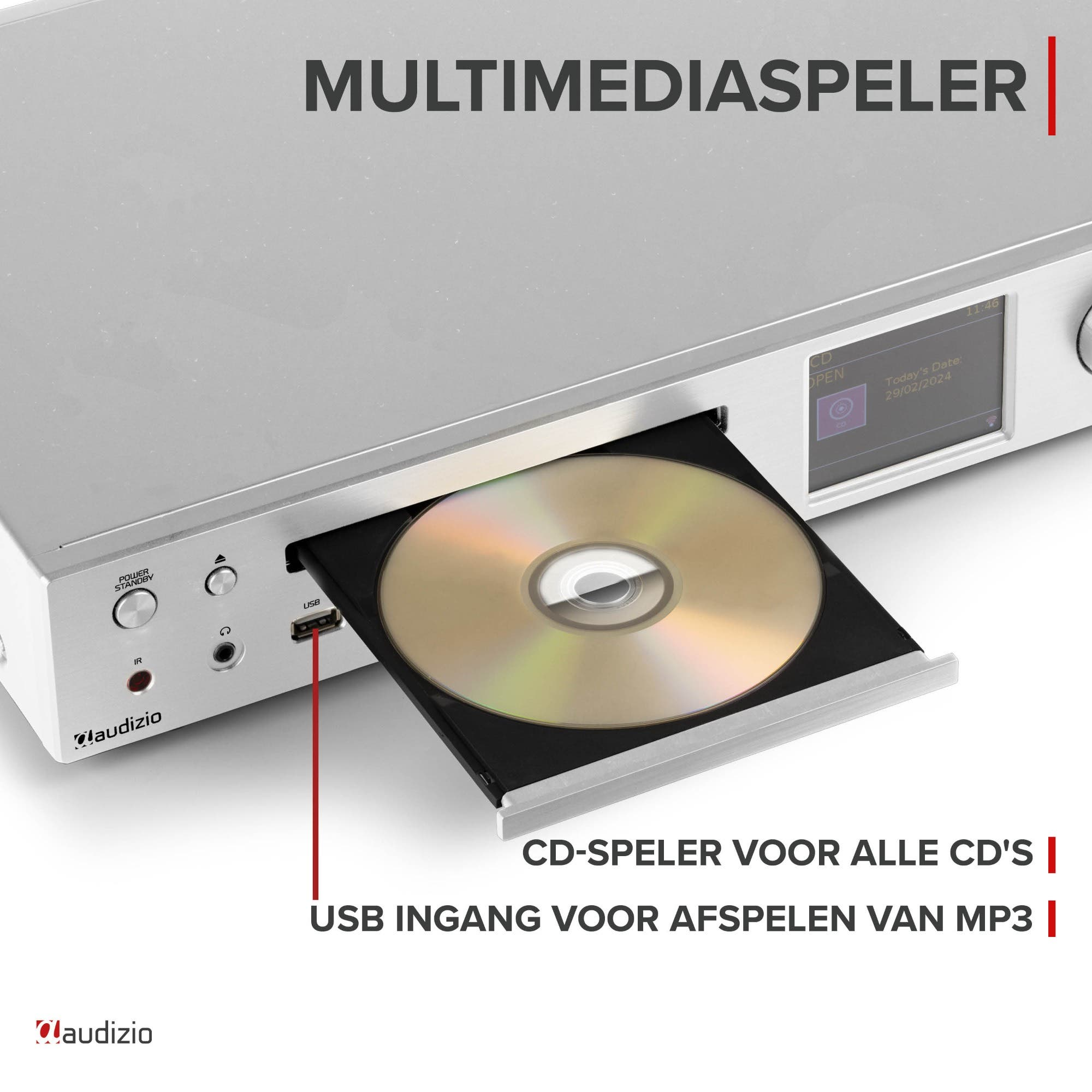 Lecteur multimédia argenté avec tiroir CD ouvert et CD.