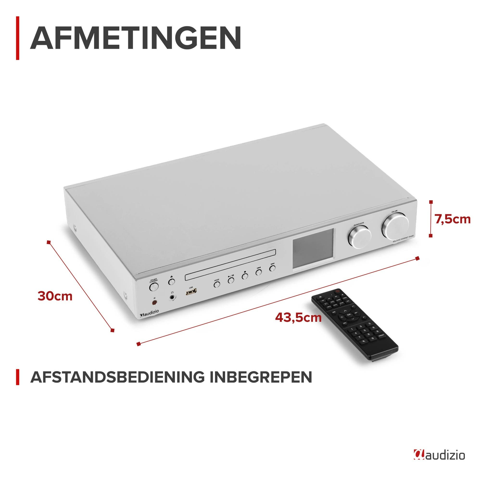 Radio internet Audizio argentée avec télécommande. Dimensions 43,5x30x7,5cm.