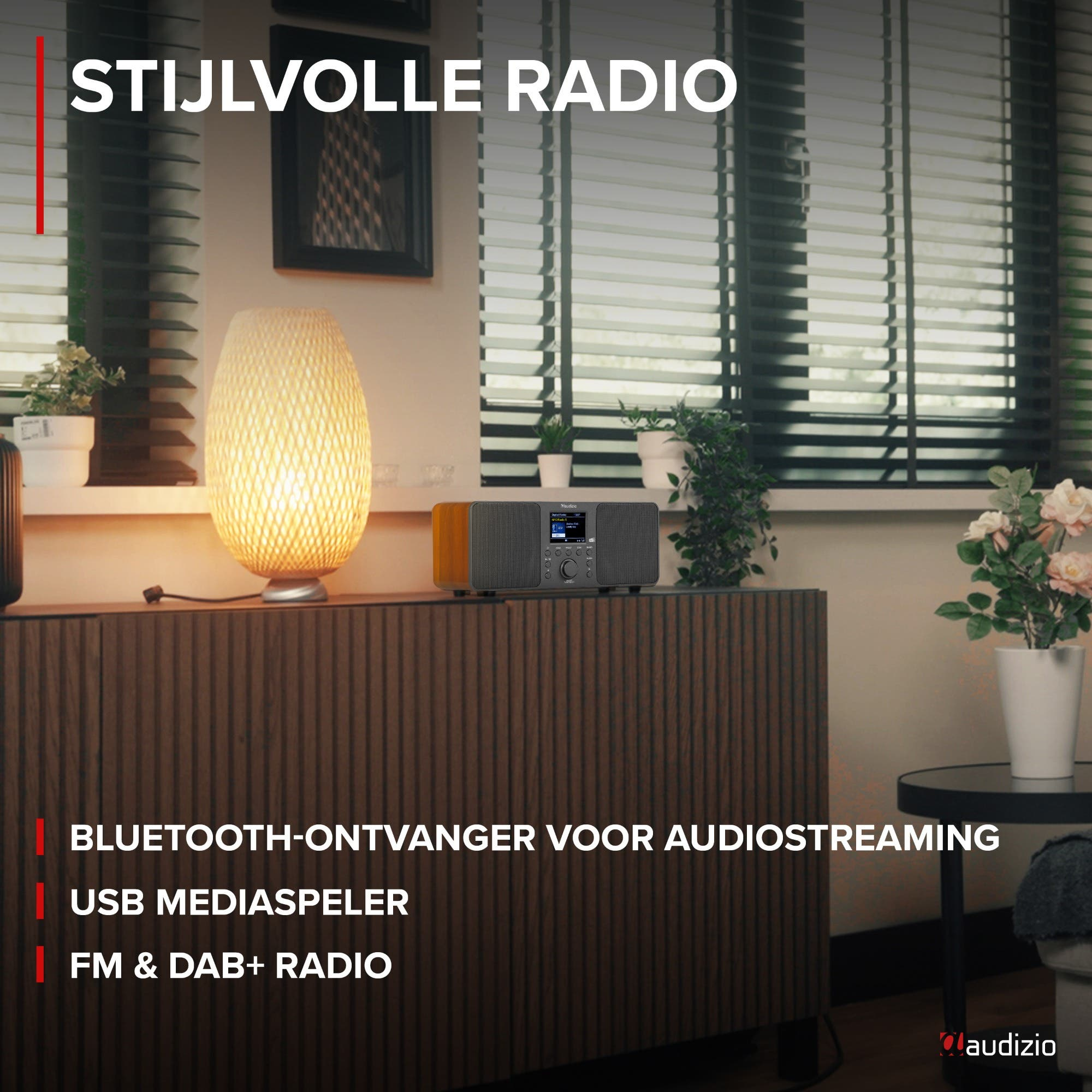 Stilvolles Radio mit Holzdetails auf einem Schrank, neben einer Lampe und Pflanzen.
