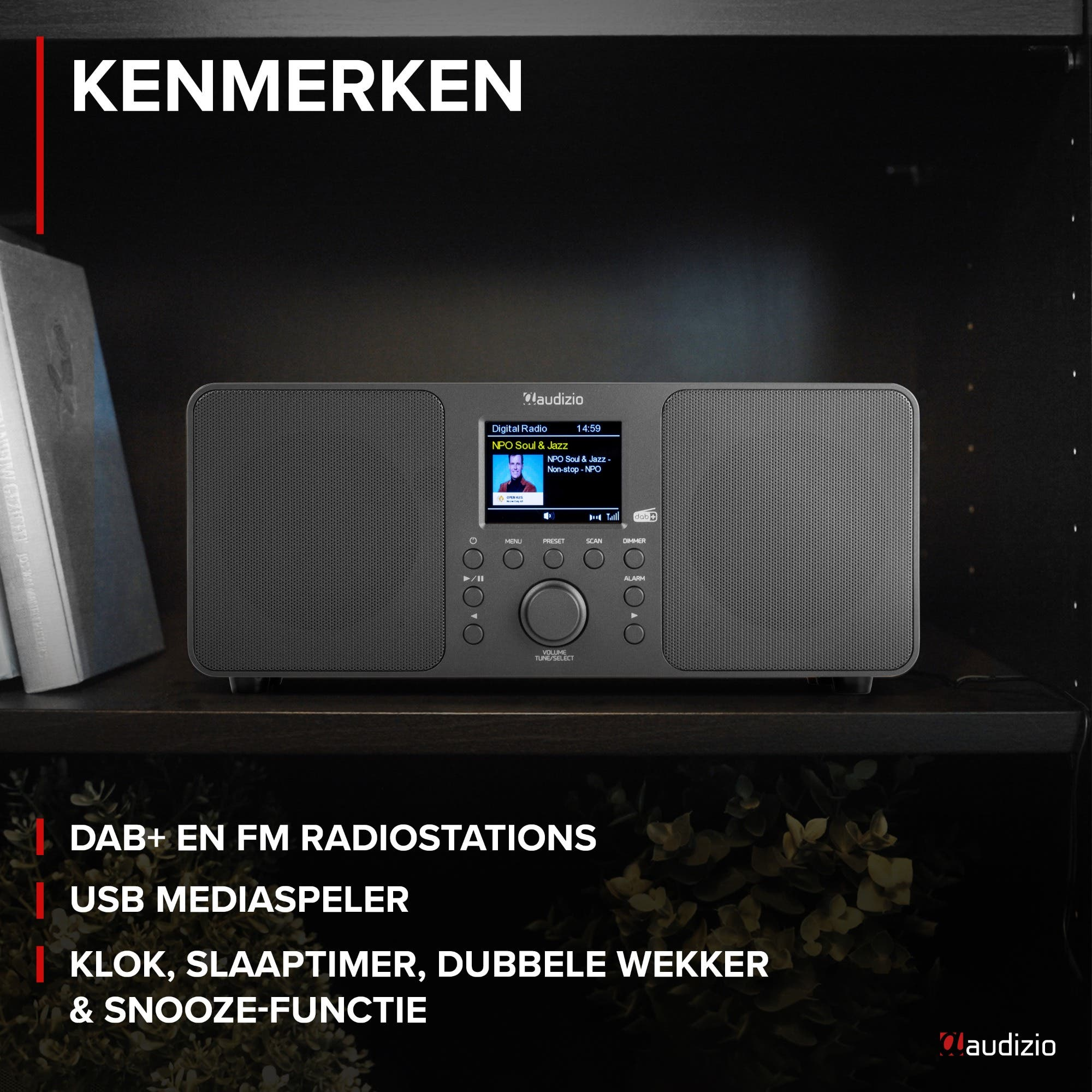 Ein schwarzes Audizio Radio mit Lautsprechern und einem Display, das DAB+ und FM-Radios anzeigt.