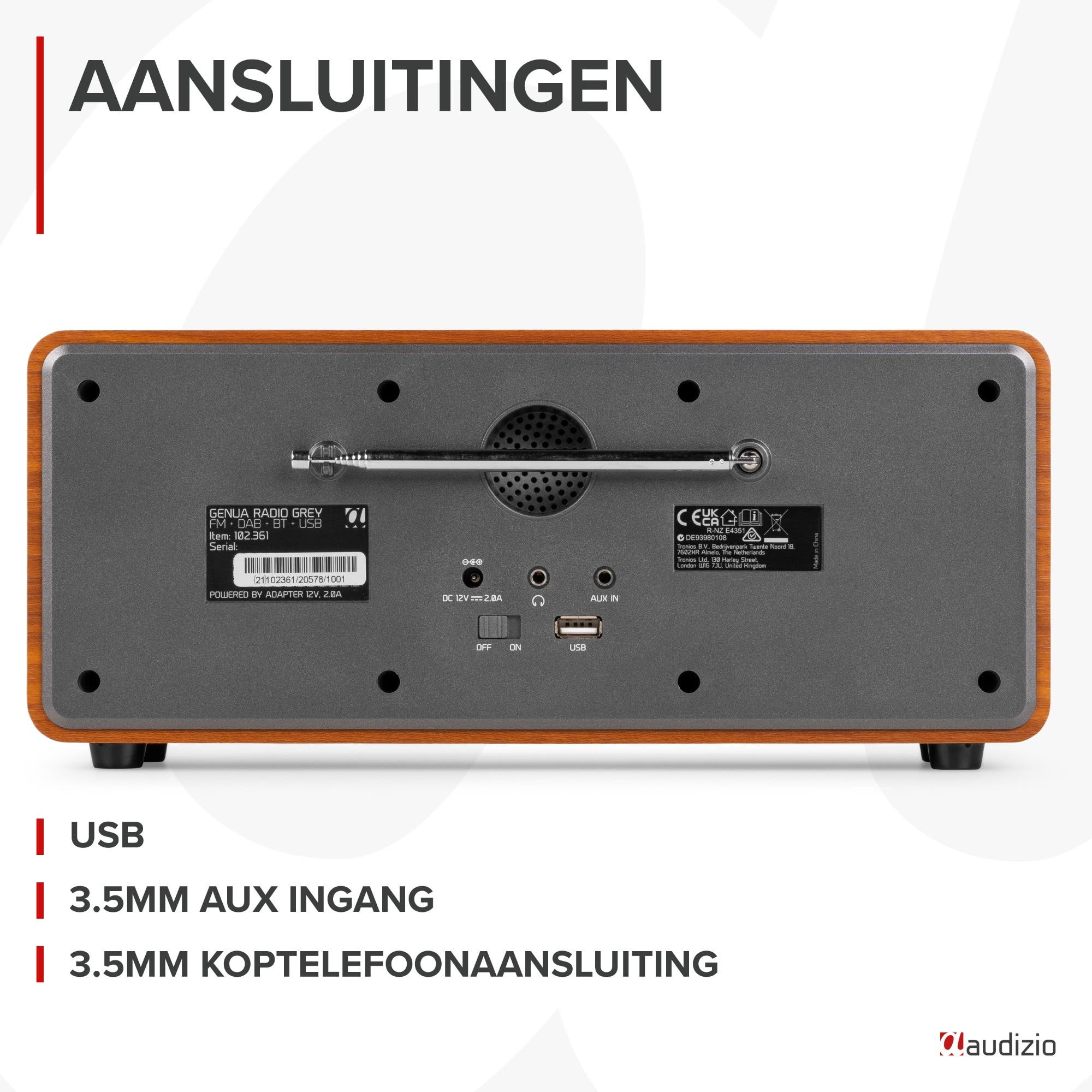 Rückseite eines Holzradios mit Anschlüssen: USB, AUX-IN, Netzteil.