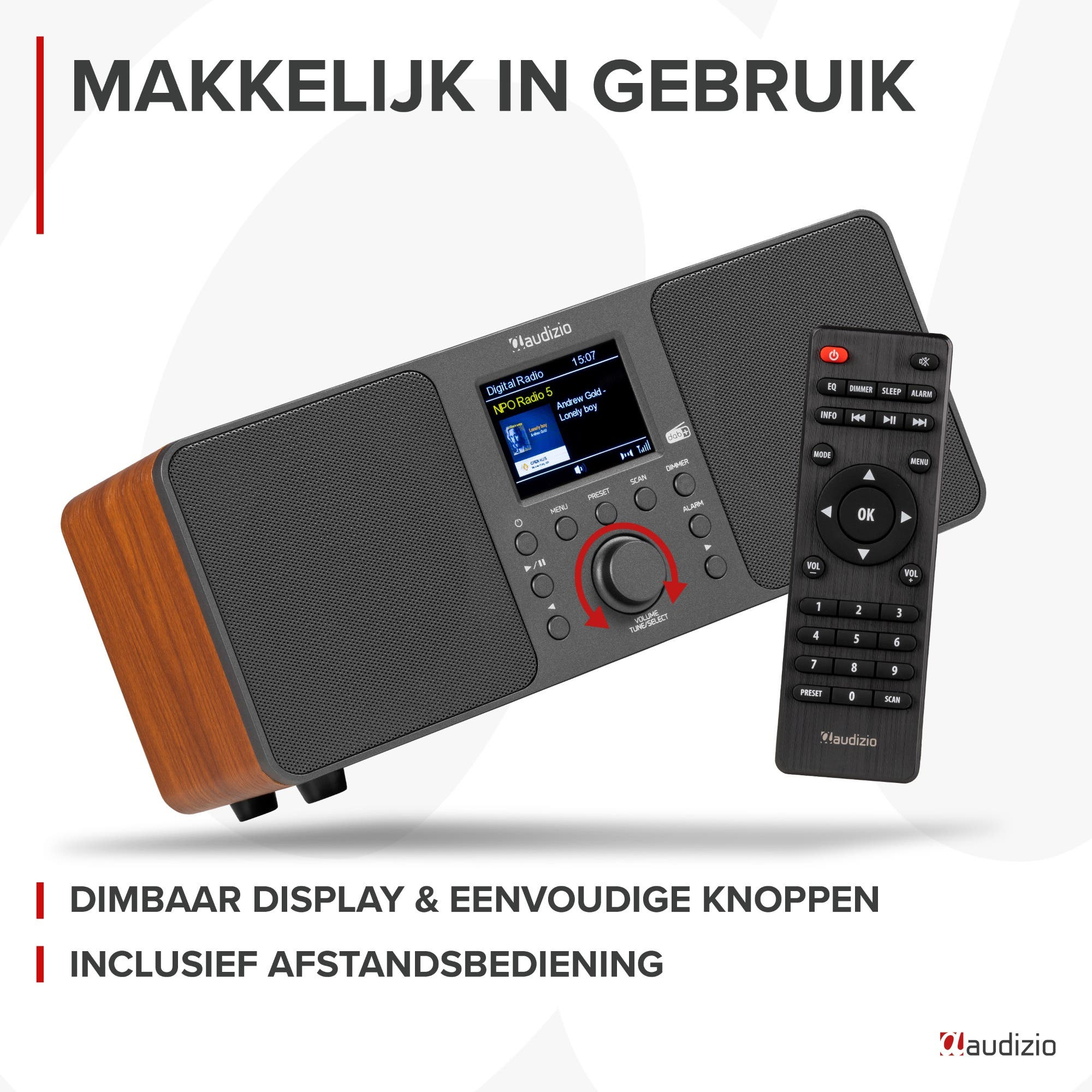 DAB+-Radio mit Fernbedienung und Holzdetails.