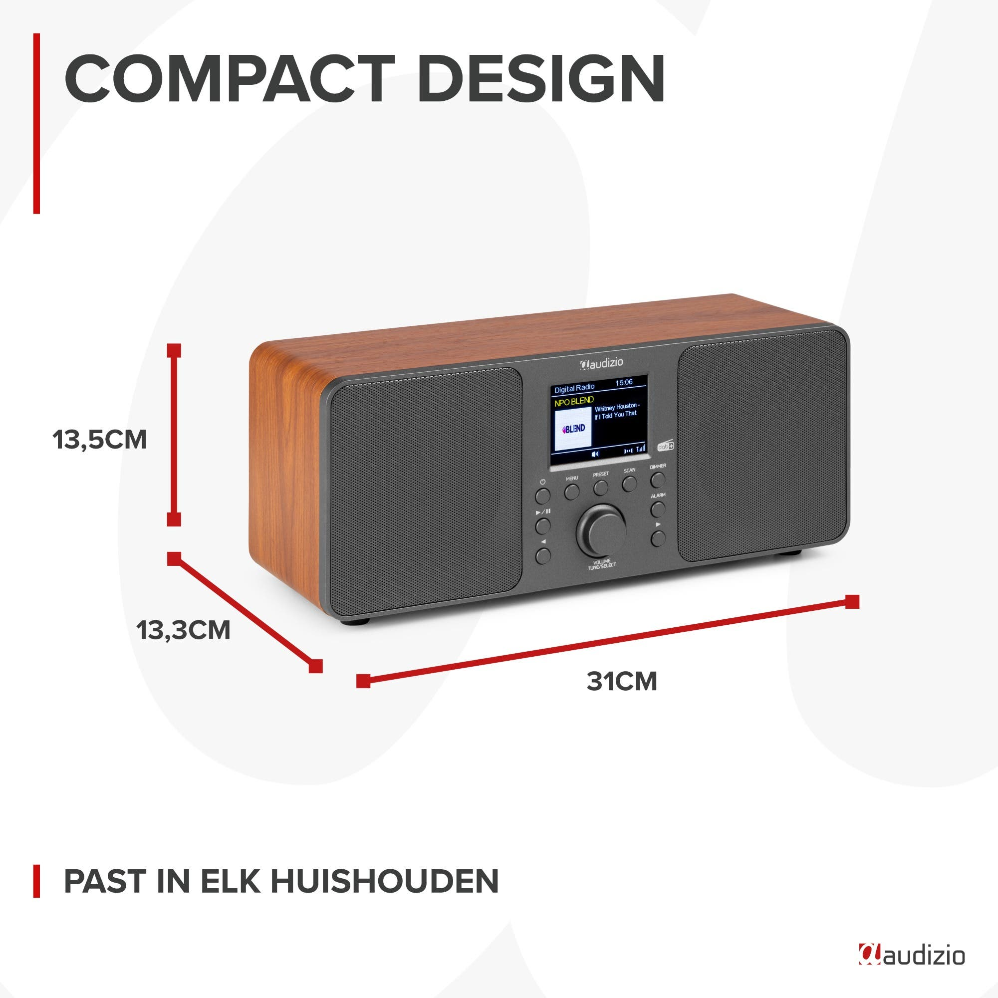 Ein Audizio Digitalradio mit Holzgehäuse, Maße 31x13,5x13,3cm.