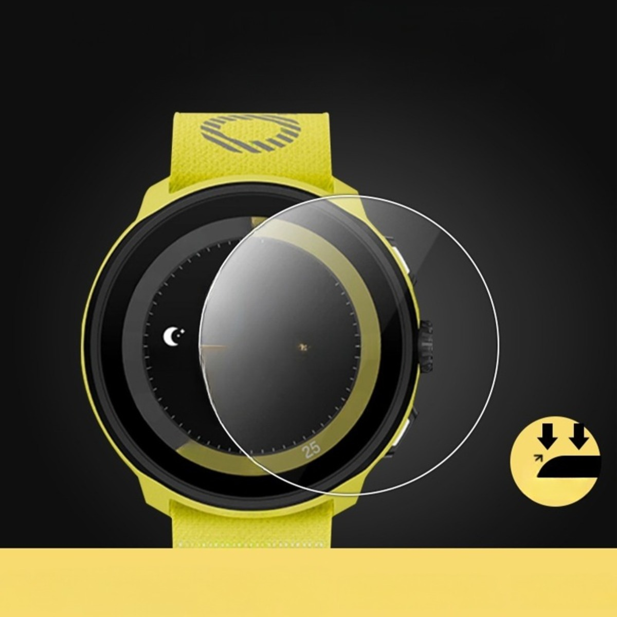 Uno smartwatch giallo con una protezione schermo trasparente sul quadrante.
