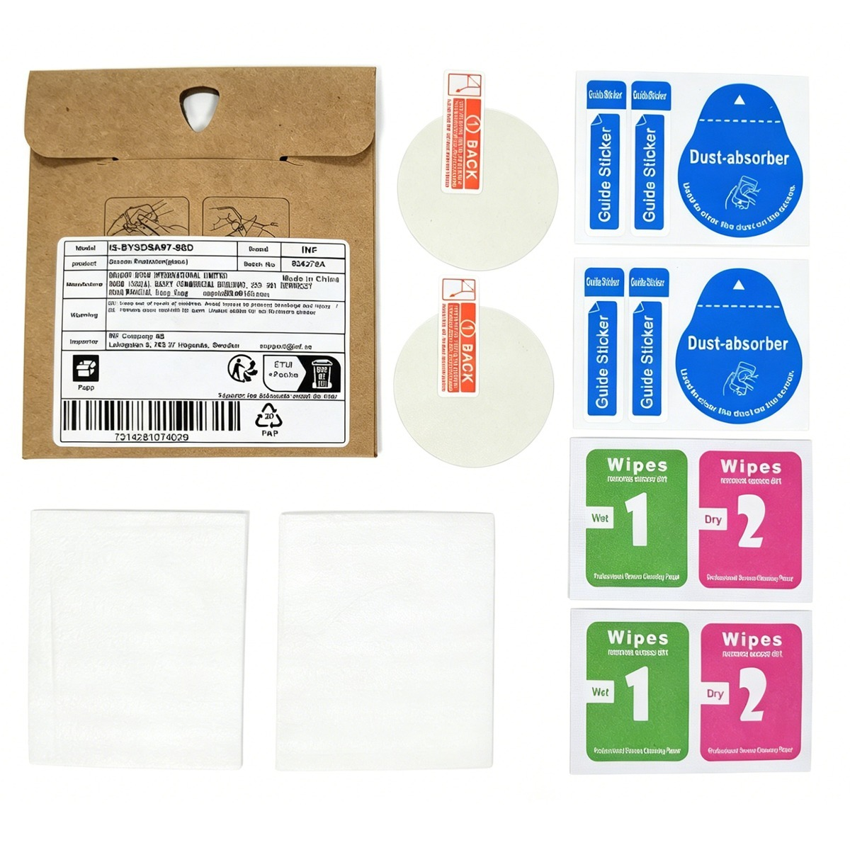 Kit di protezione schermo con confezione, salviette detergenti e assorbi polvere.