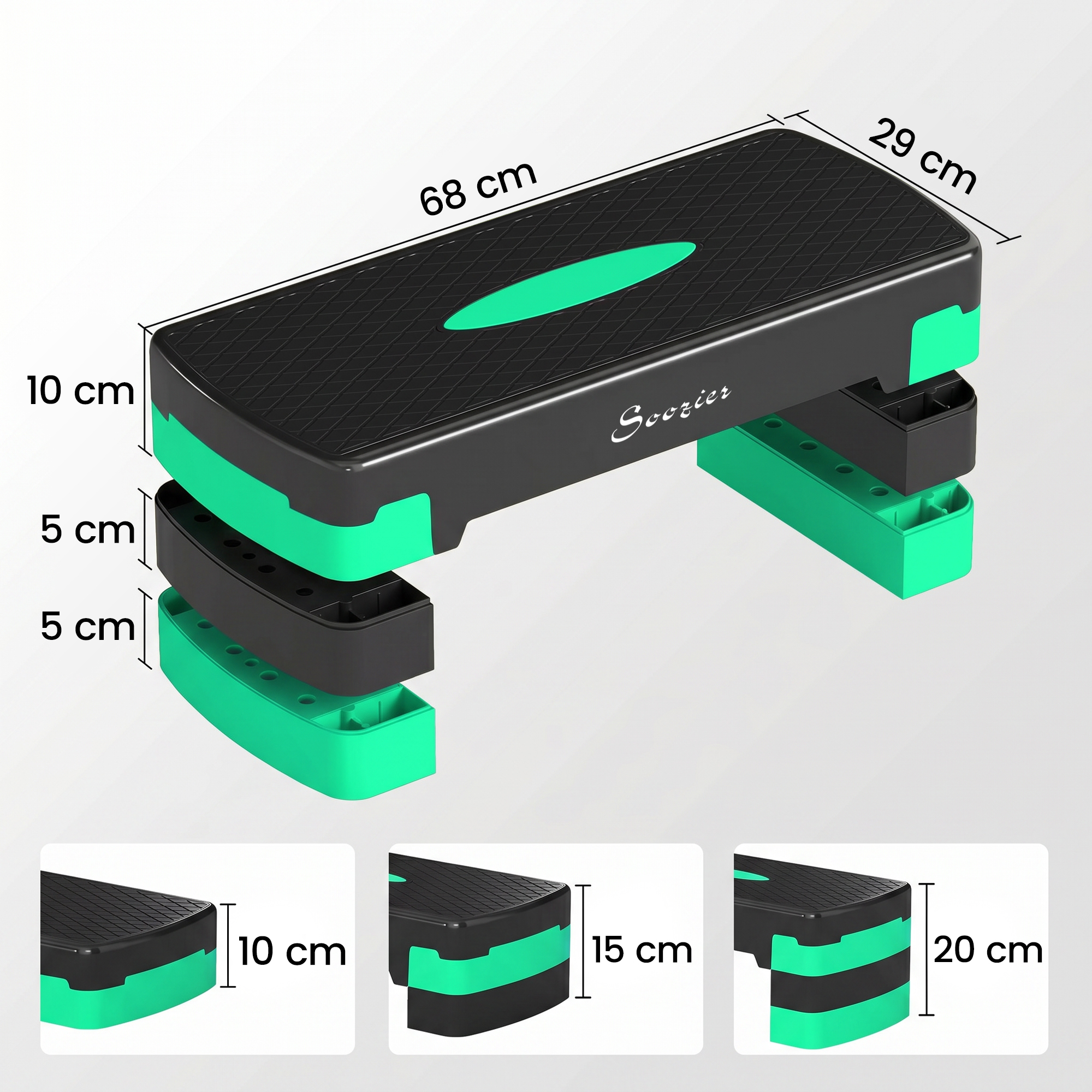 Uno stepper aerobico regolabile nero e verde, con dimensioni.
