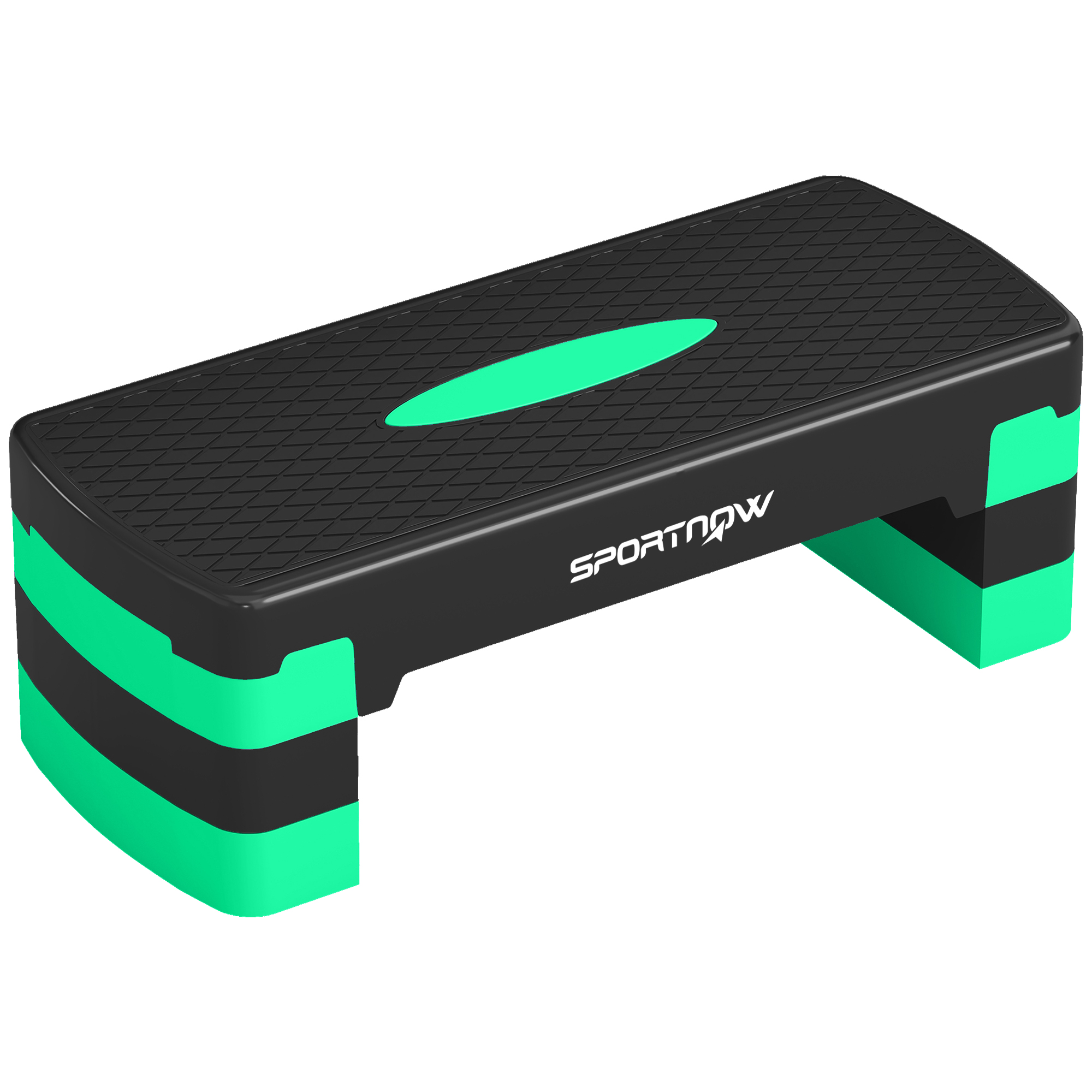 Uno stepper aerobico nero con accenti verde brillante e superficie antiscivolo.