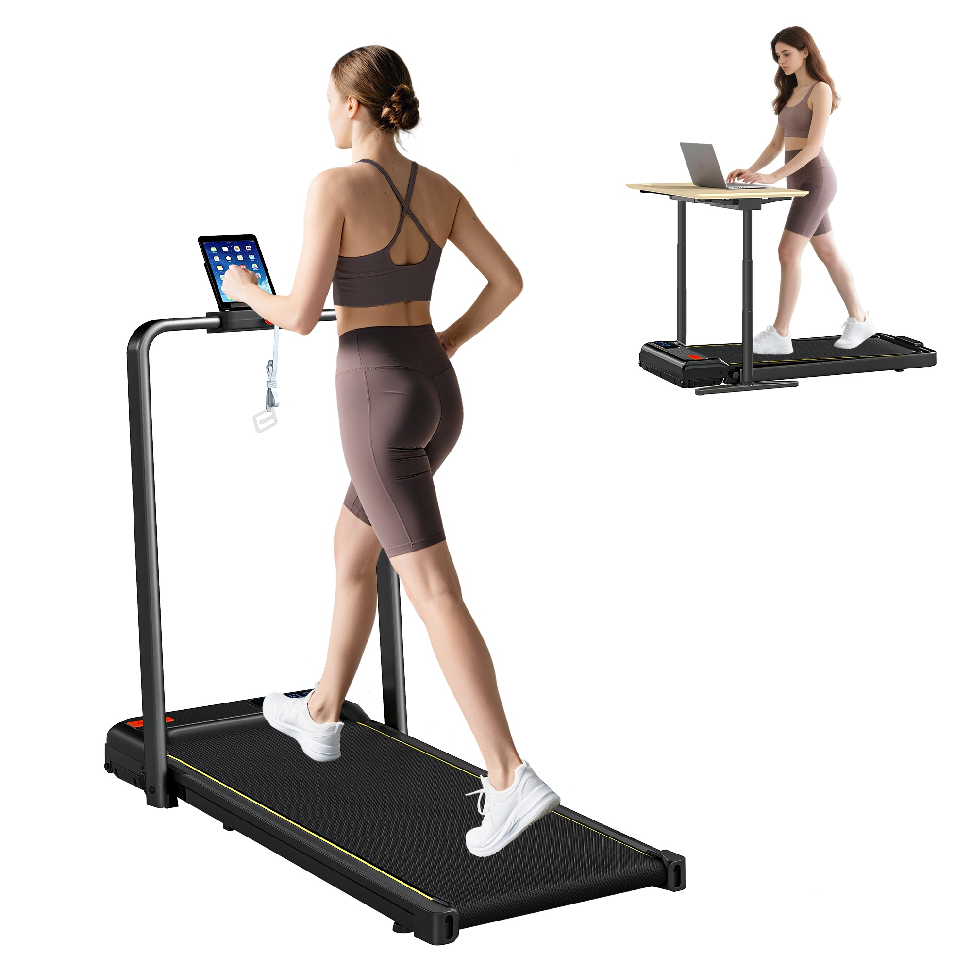 Donna corre su tapis roulant, usa tablet; donna con laptop su tapis roulant sullo sfondo.