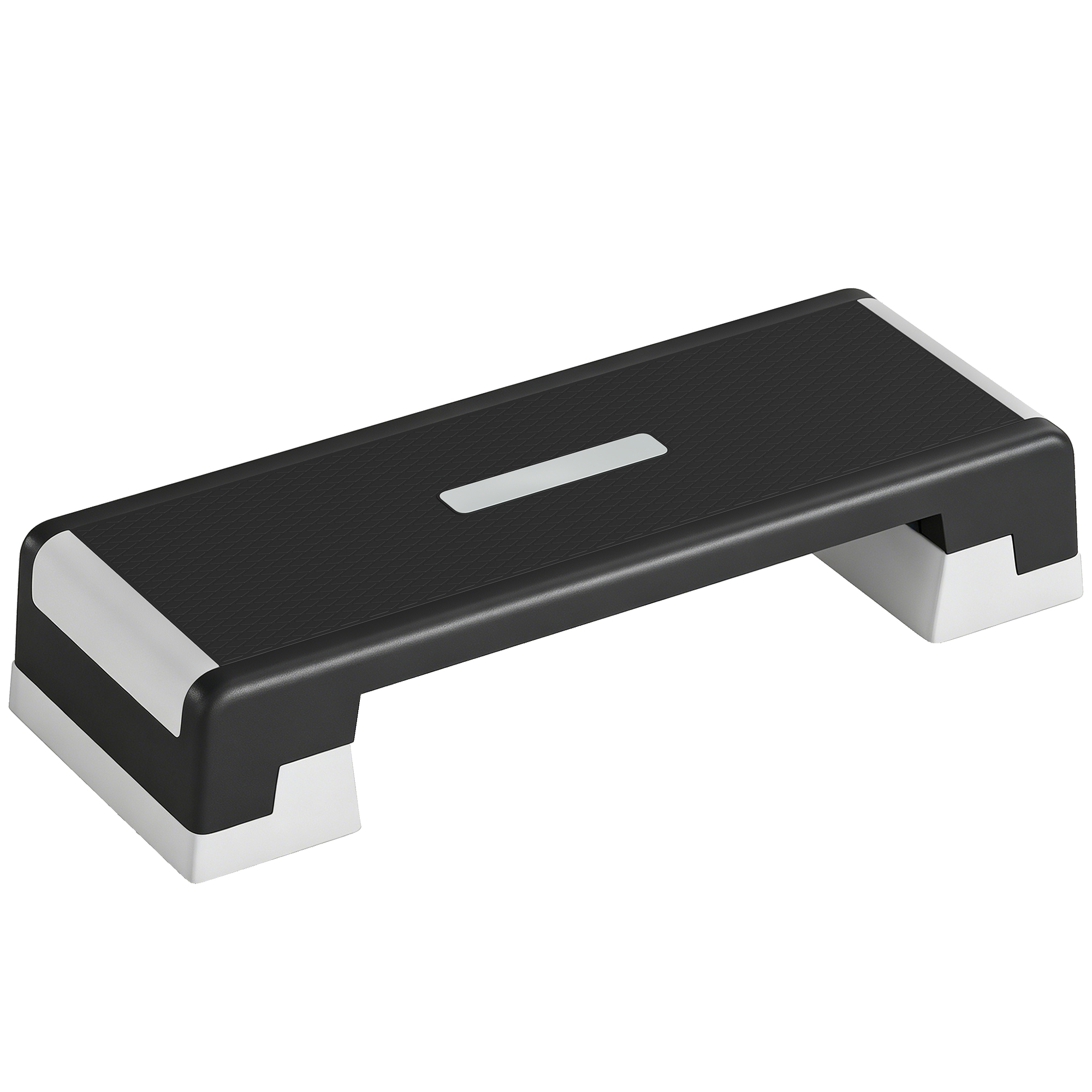 Uno stepper aerobico nero con finiture bianche e supporti bianchi.