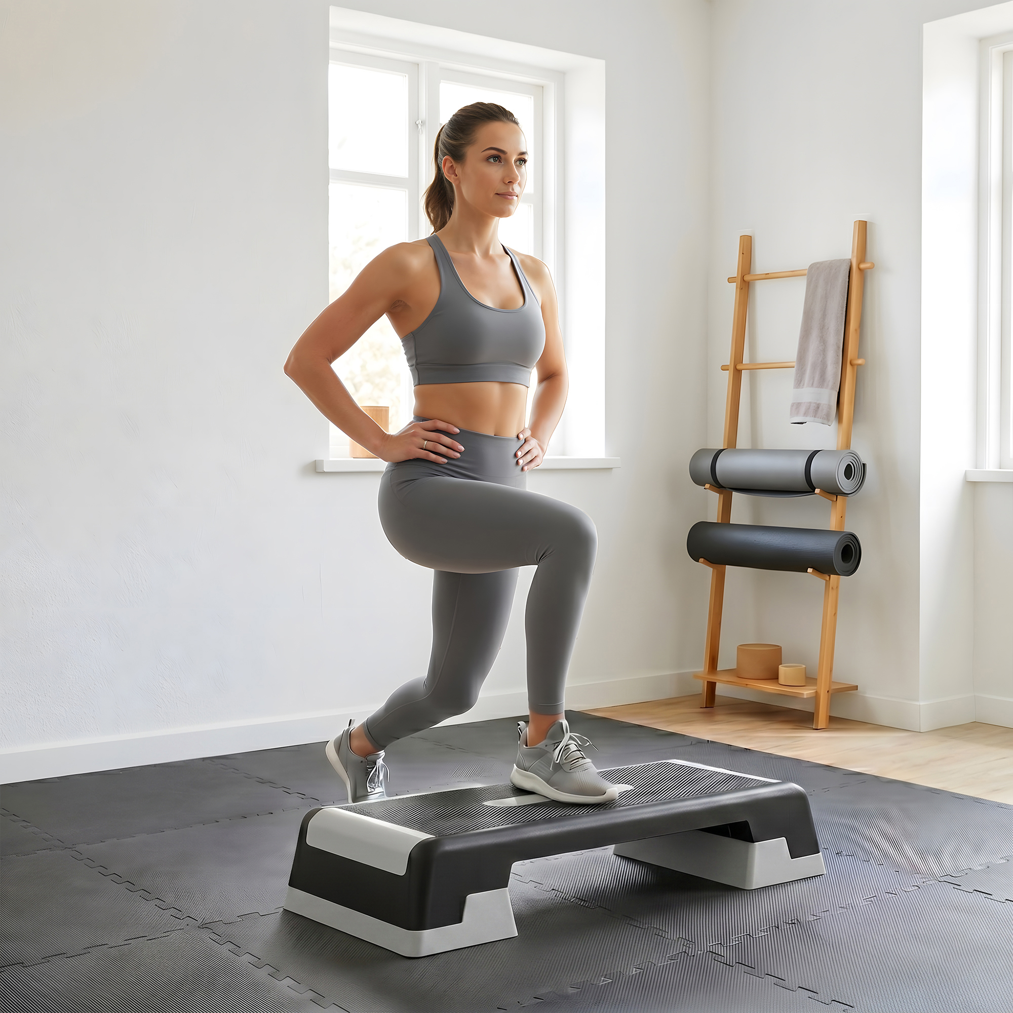 Una donna in abbigliamento sportivo grigio esegue un affondo su una piattaforma step.
