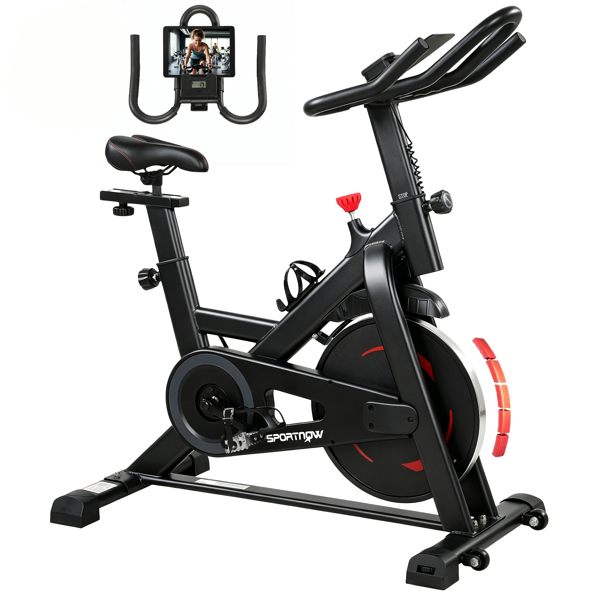 Cyclette da spinning nera con supporto per tablet, sella regolabile e manopola rossa.