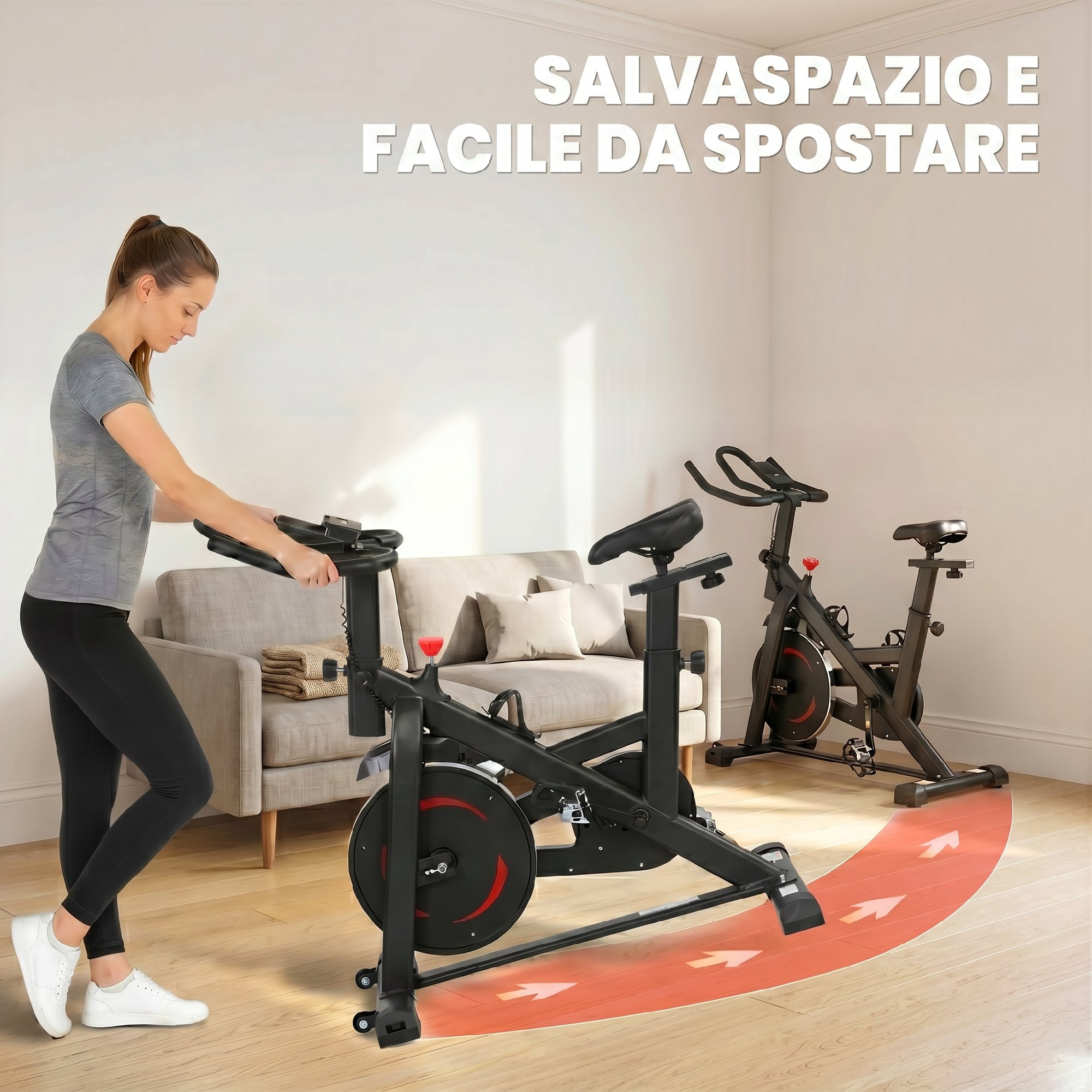 Una donna in abbigliamento sportivo accanto a una cyclette nera in un soggiorno.