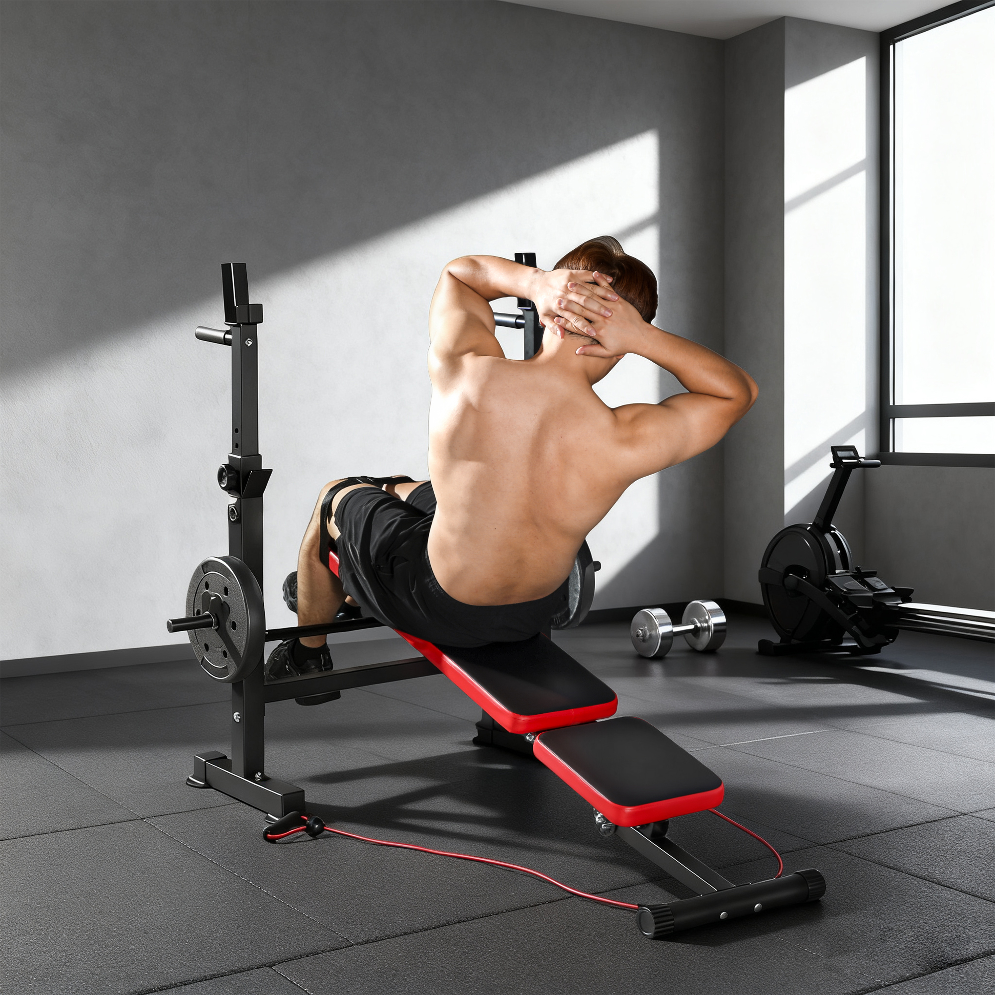 Uomo fa addominali su panca pesi in palestra con luce da finestra.