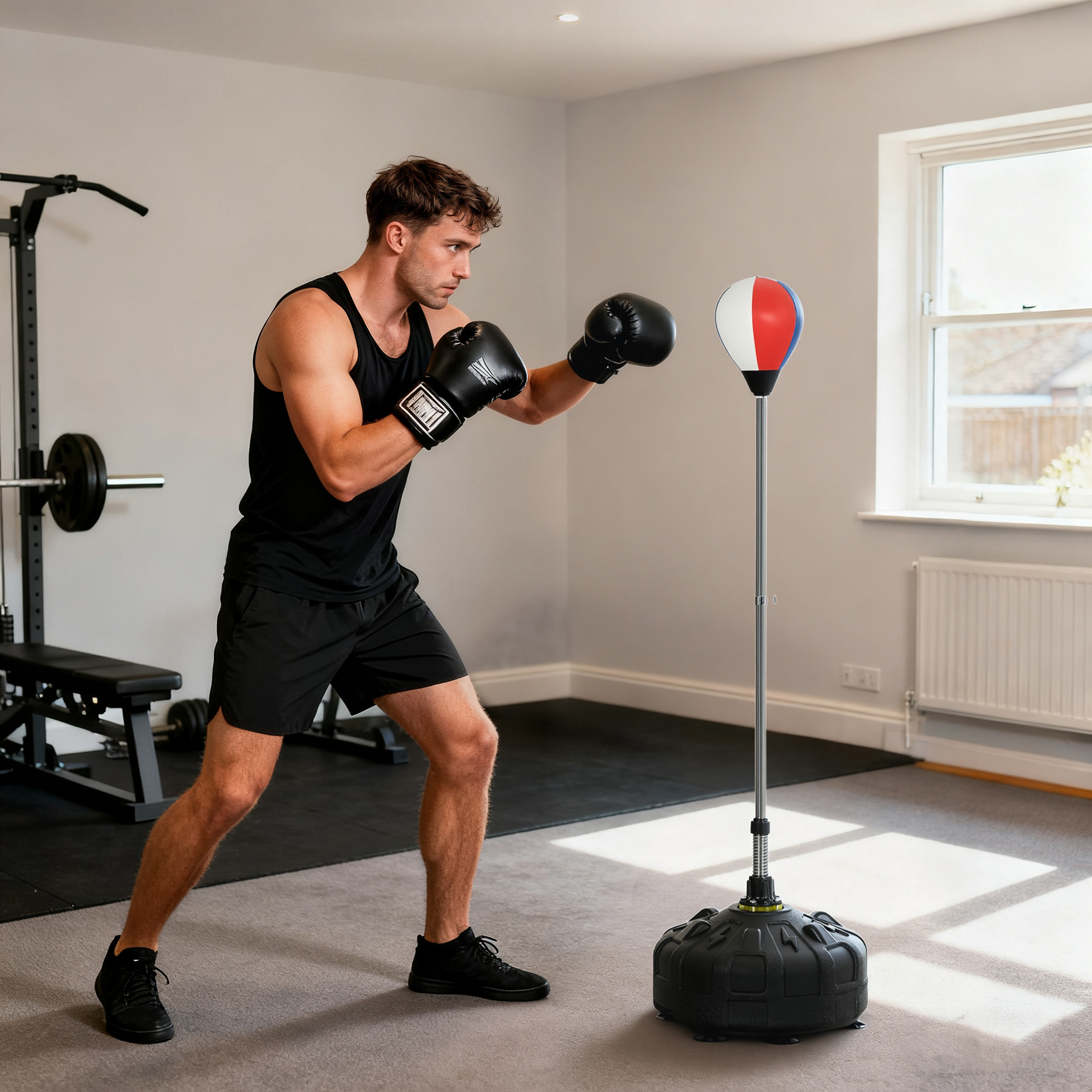 Uomo fa boxe in palestra con panca pesi e rack per squat sullo sfondo.