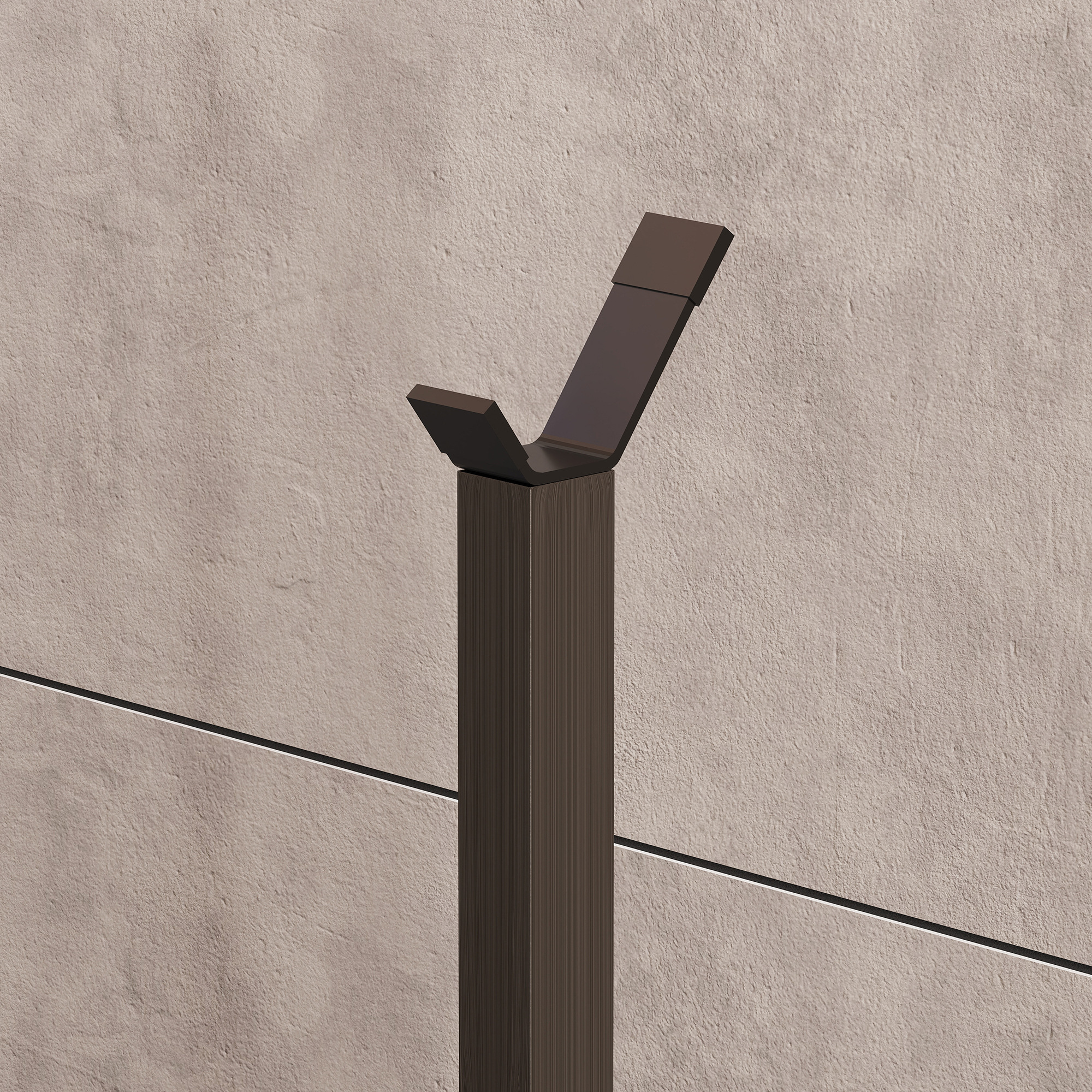 Porta marrone scuro con base scanalata su sfondo beige chiaro.