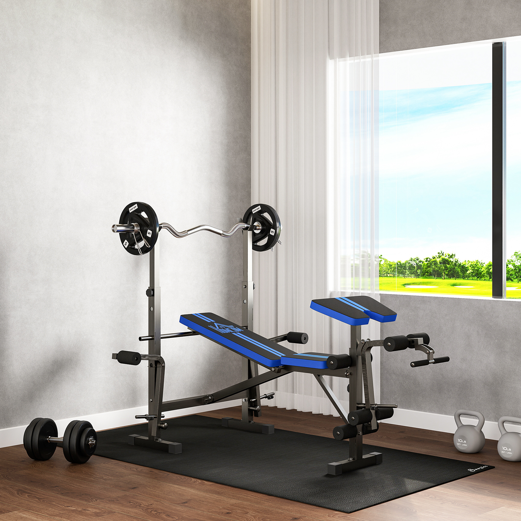 Una palestra domestica con panca, bilanciere, manubri e kettlebell.