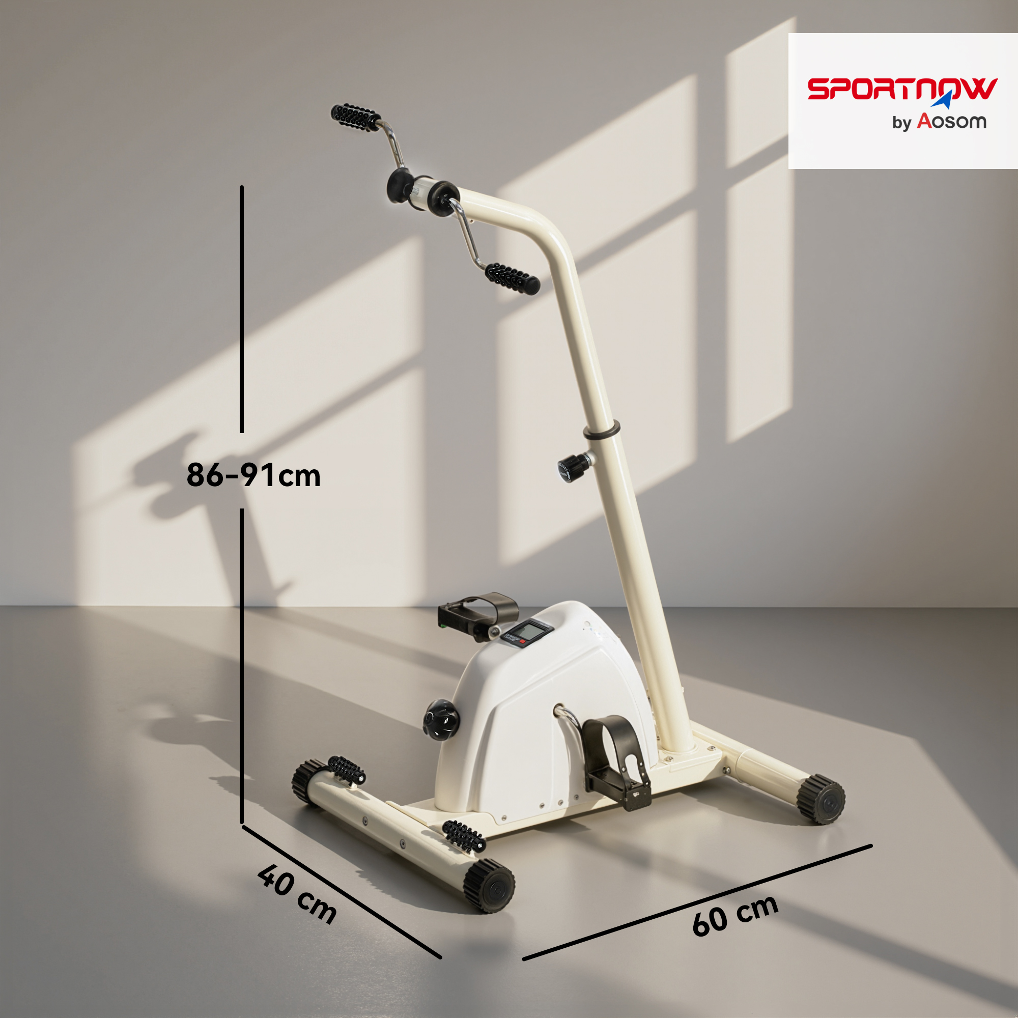 Cyclette color crema con display, pedali e manubrio. Dimensioni: 40x60x86-91cm.