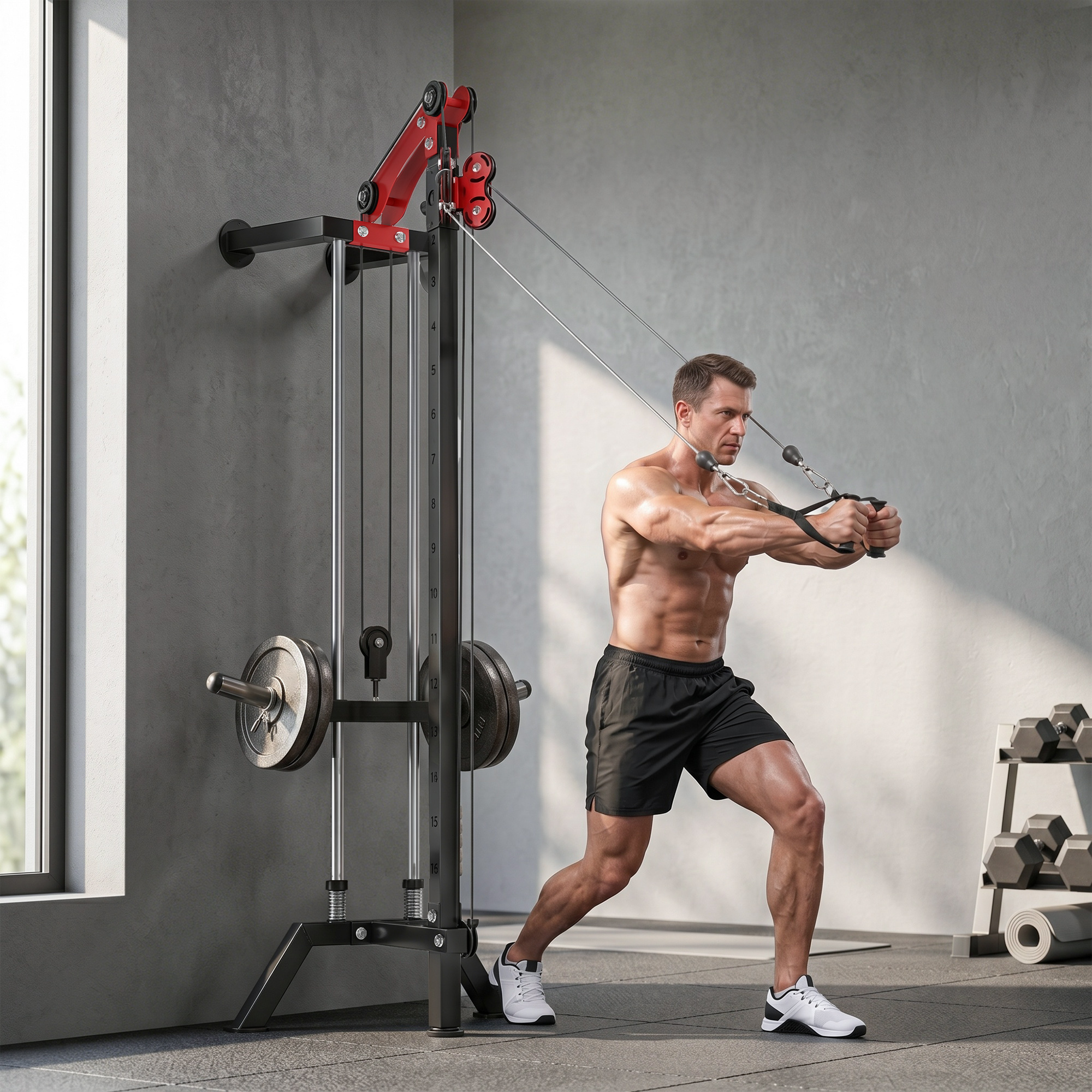 Un uomo si allena con una macchina per cavi in palestra, pesi visibili.