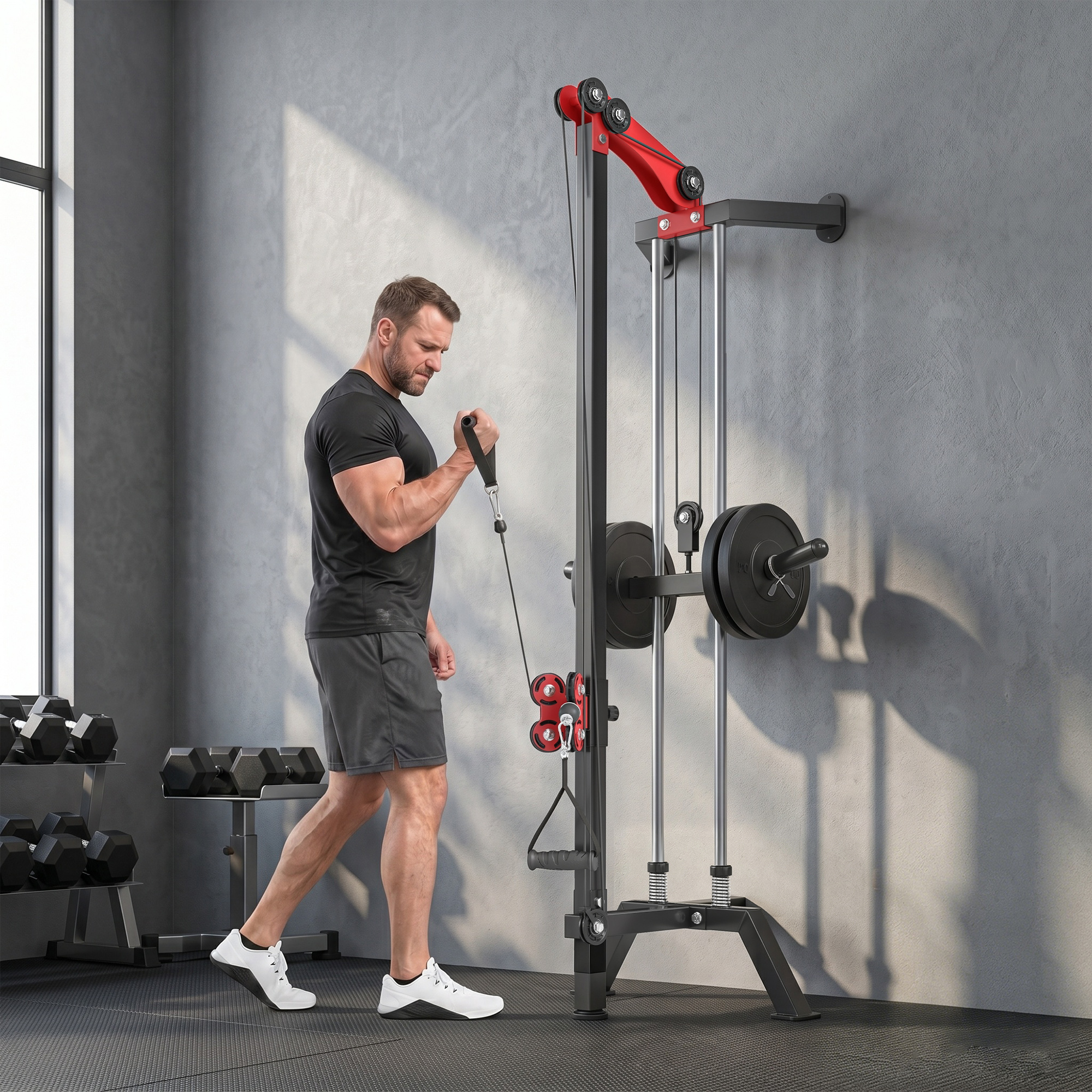 Uomo in maglietta nera fa curl alla macchine con cavi in palestra.