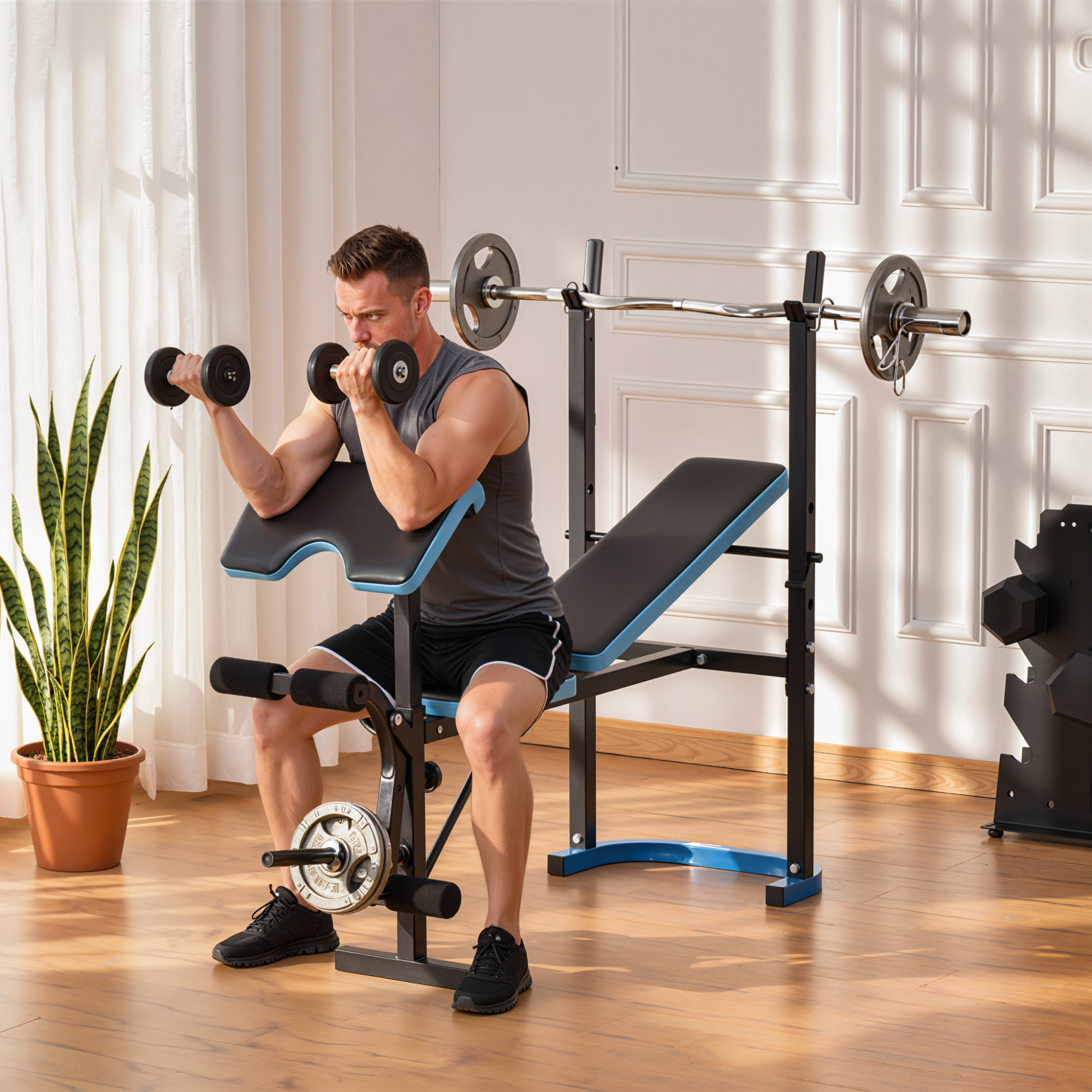 Uomo esegue curl per bicipiti con manubri su panca da allenamento con rack.