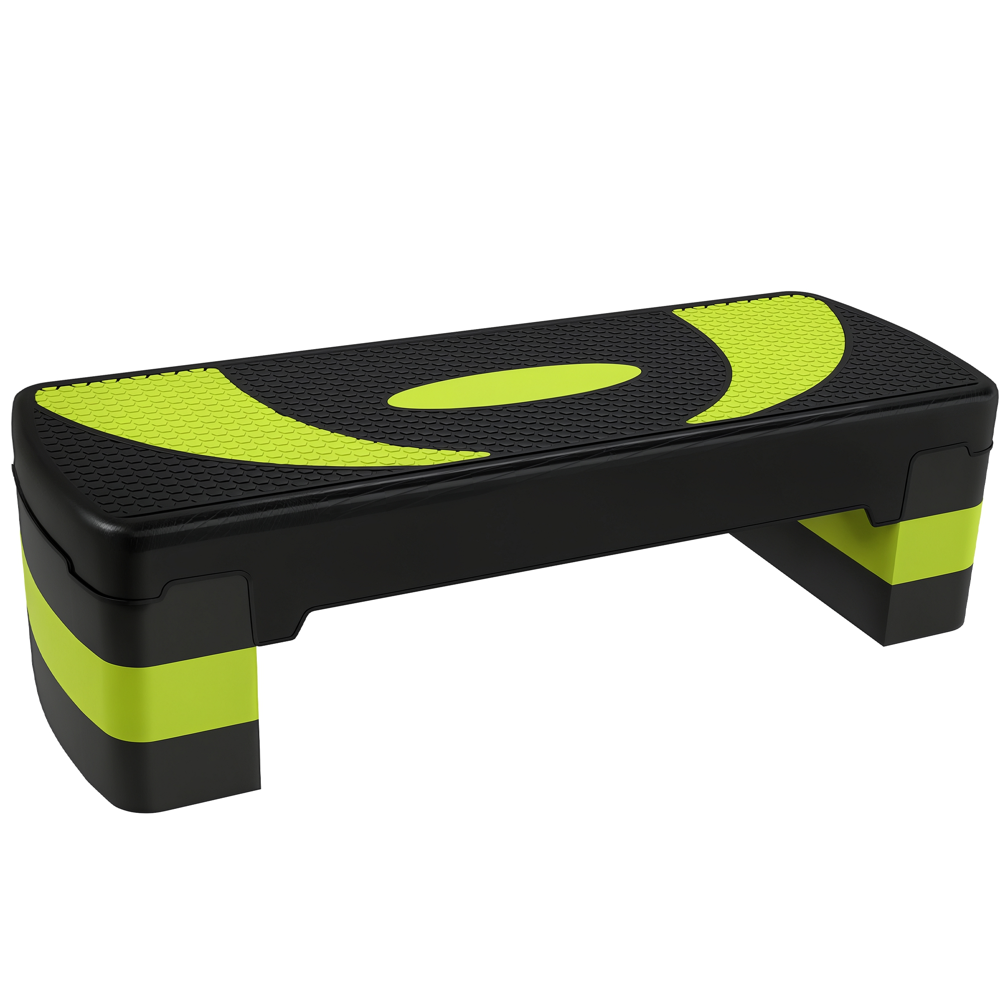 Uno step da aerobica nero con accenti verde neon e superficie gommata.