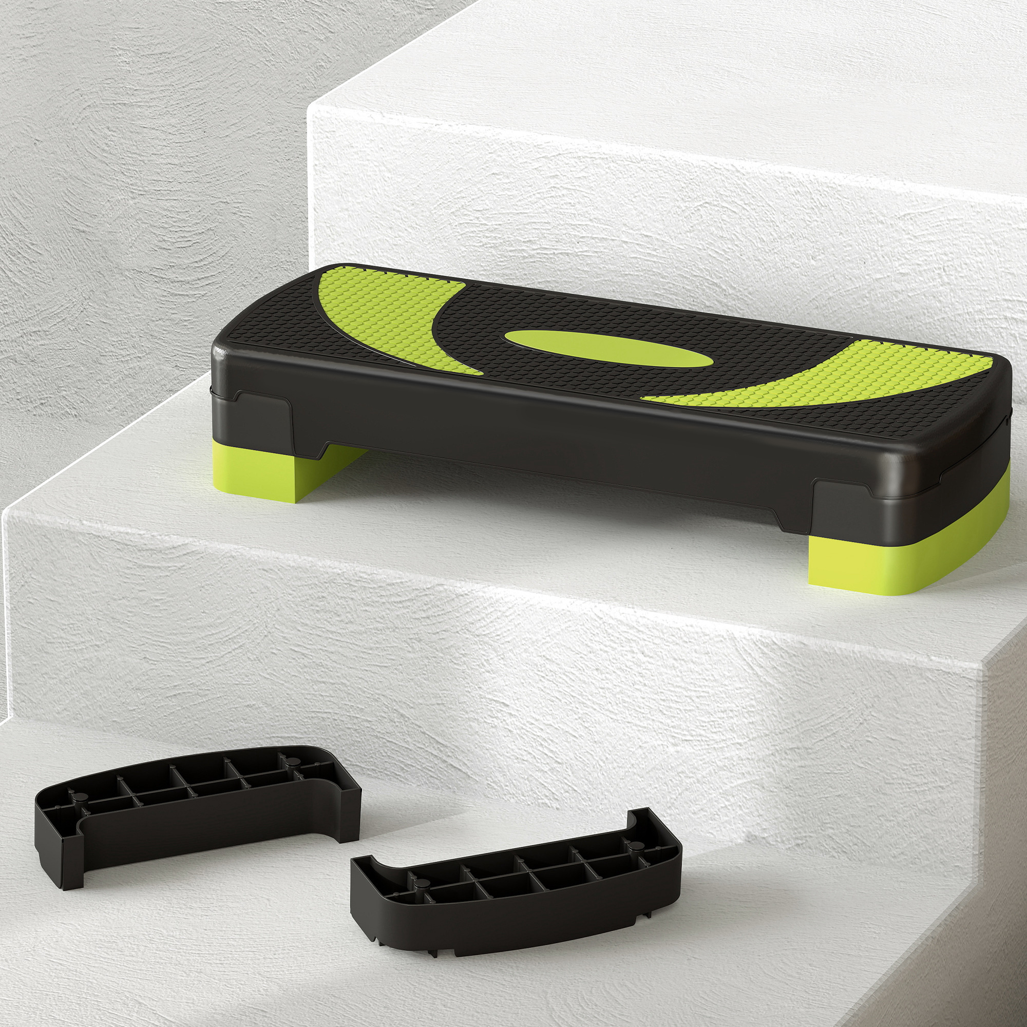 Uno stepper aerobico nero con accenti verde lime su gradini bianchi.