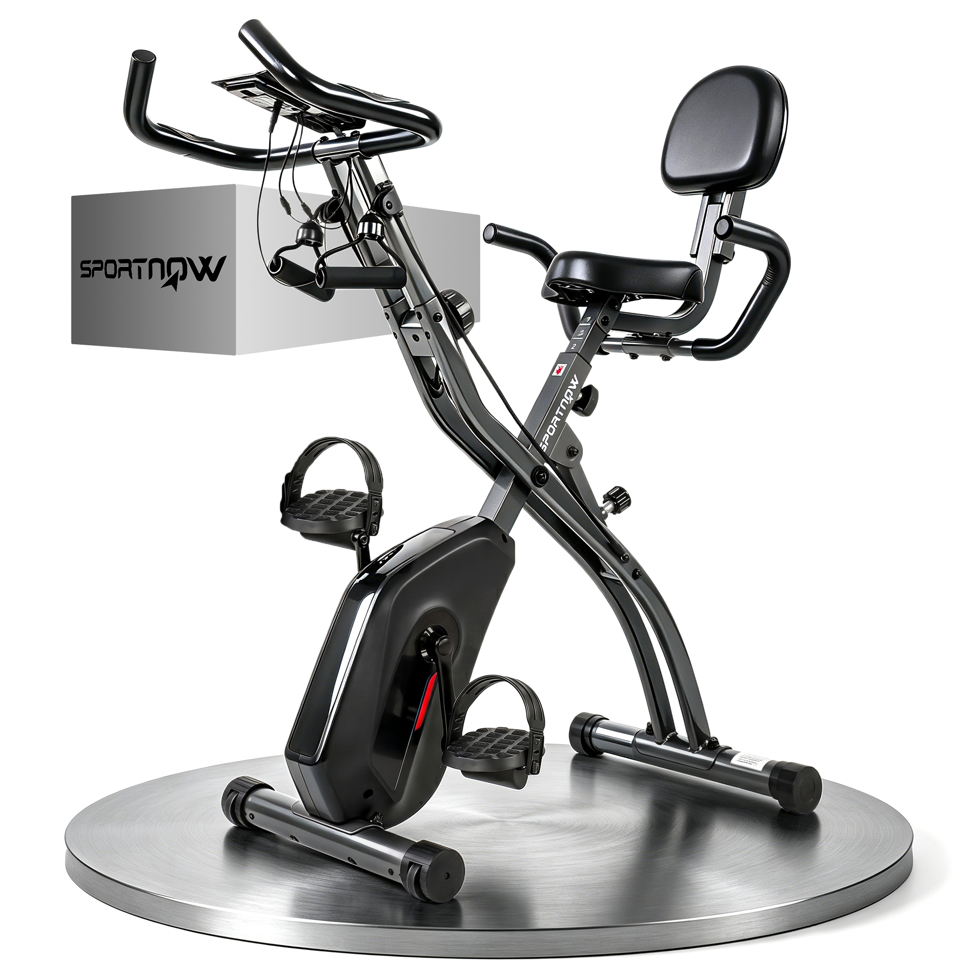 Cyclette pieghevole nera con sedile e schienale su piattaforma circolare in metallo.